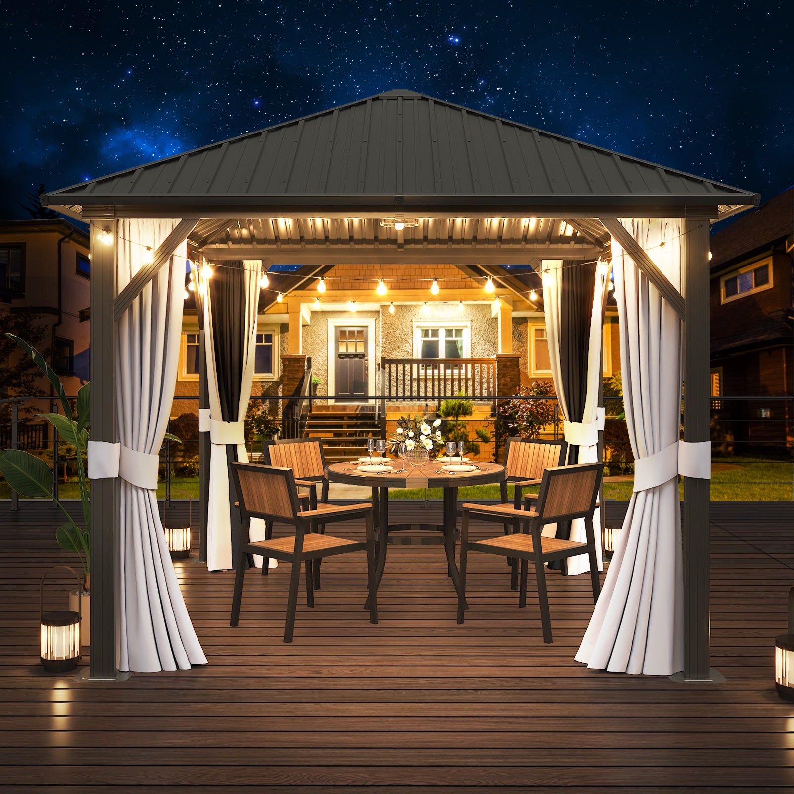 10 ft. x 10 ft. Hardtop Gazebo, Outdoor Aluminum Frame Permanent Pavilion with Curtains and Netting, Gray