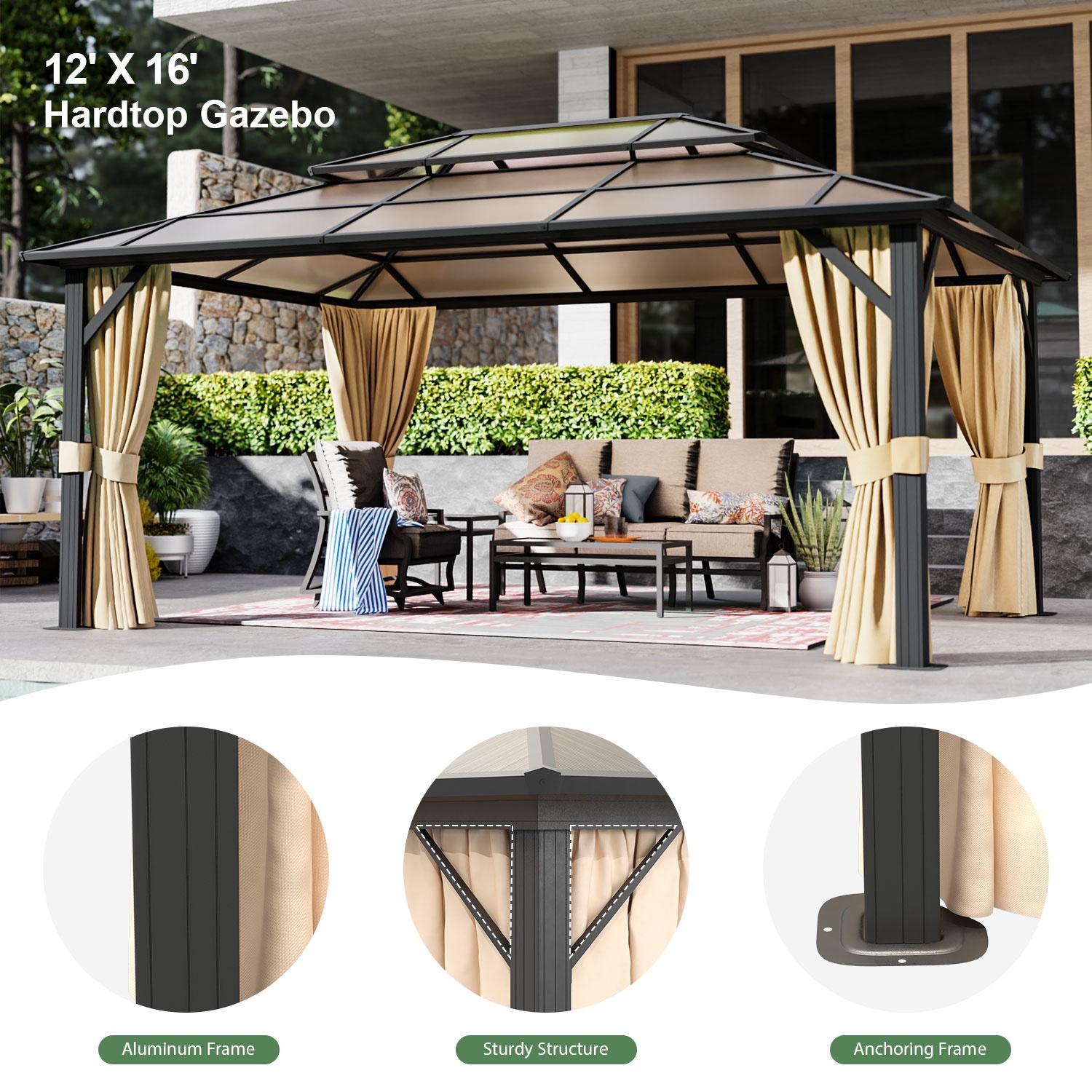 12x16 ft. Outdoor Hardtop Gazebo, Polycarbonate Double Roof Gazebo Aluminium Frame Canopy with Netting and Curtains, Brown