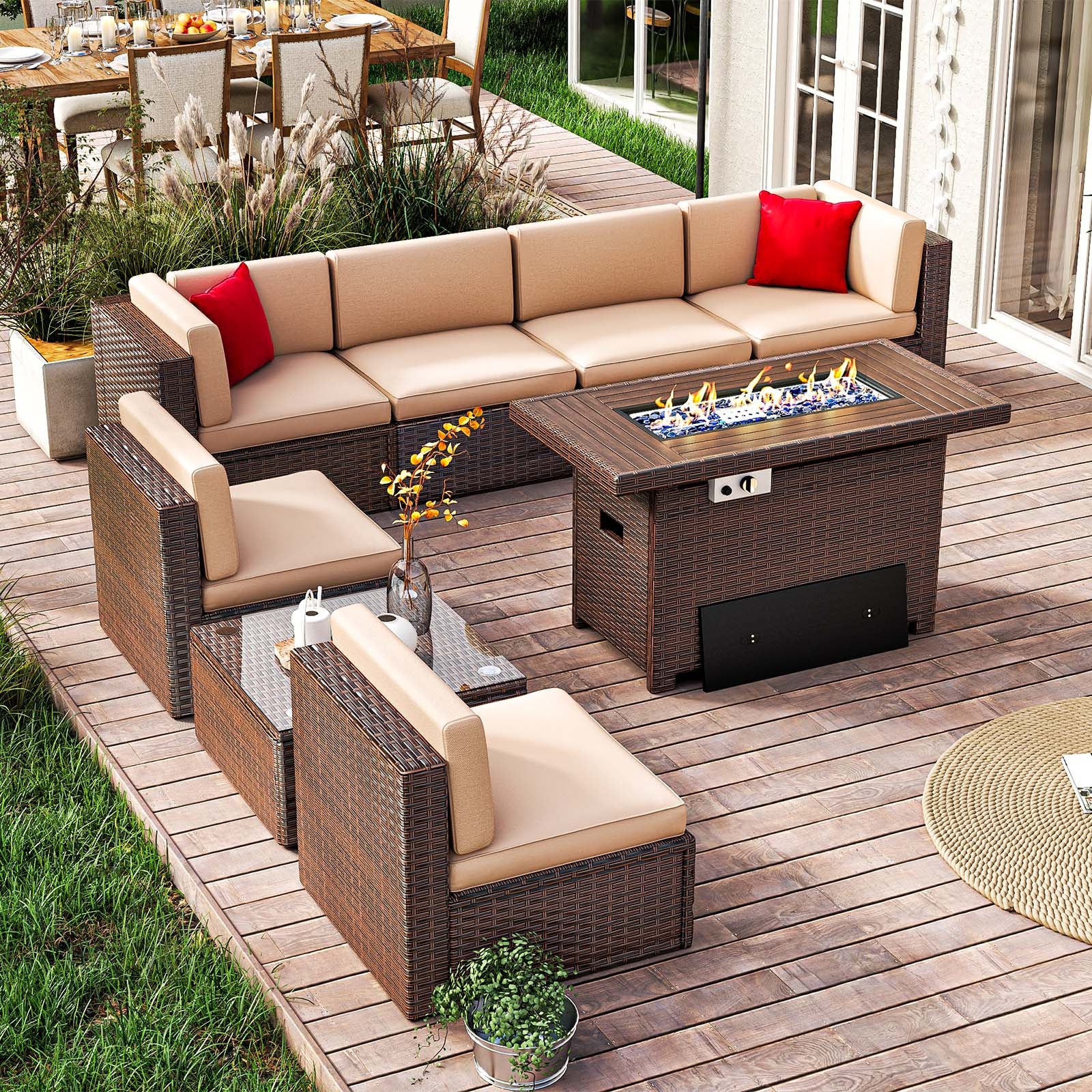 7 Pcs Patio Furniture Sets with Coffee Table, Outdoor Sectional PE Rattan Wicker Conversation Sets for Deck, Garden, Pool, Beige