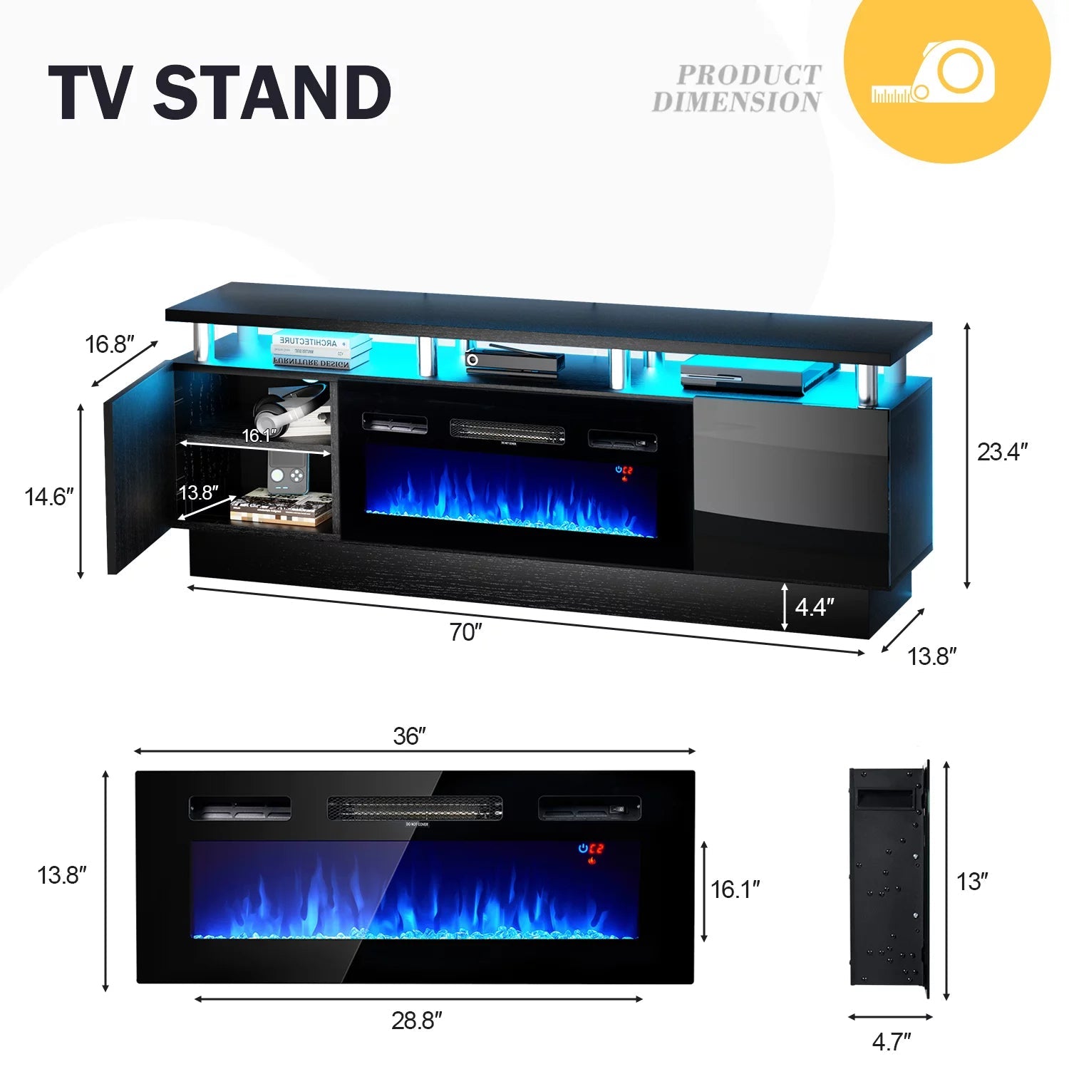 Fireplace TV Stand with LED Light, for TVs up to 80", Black