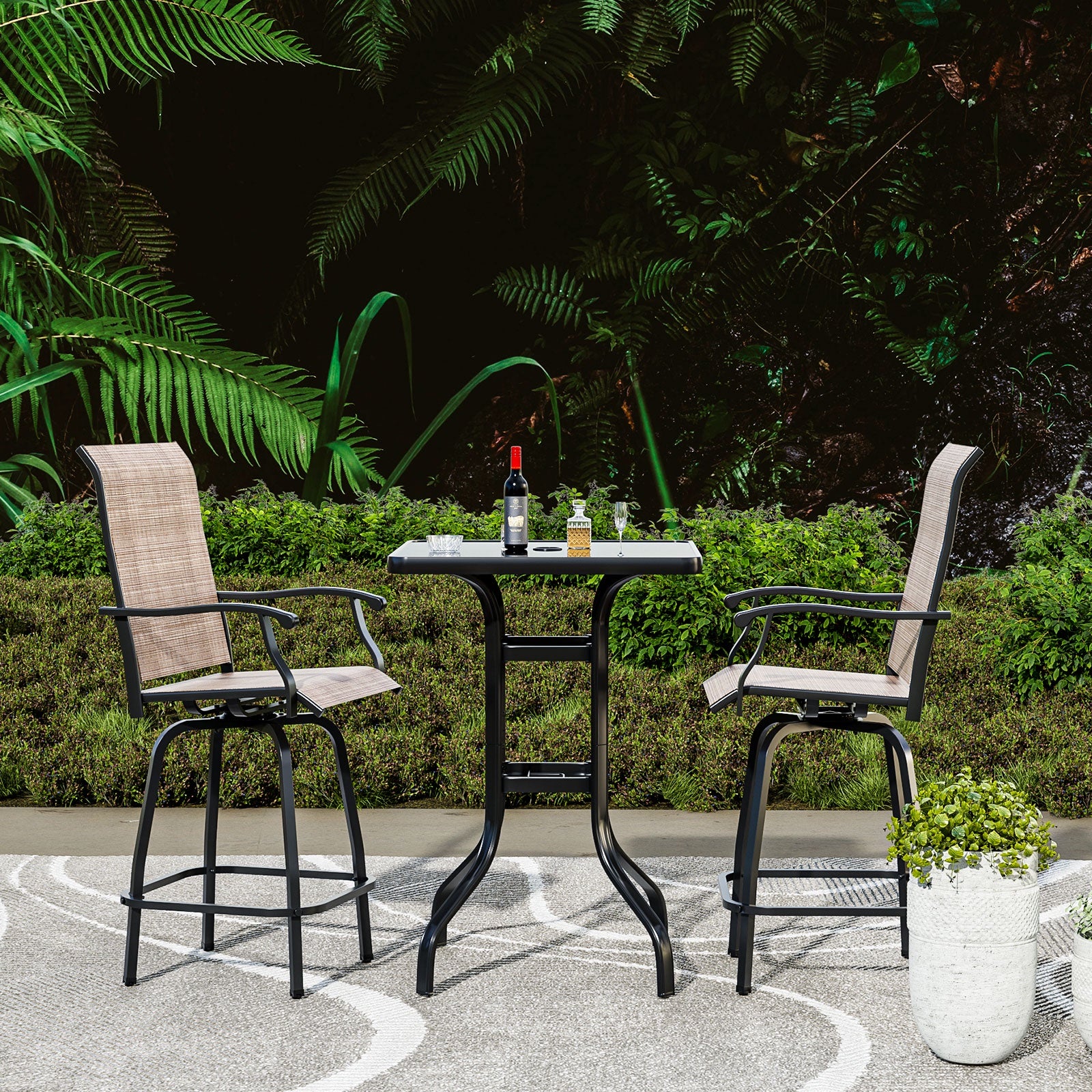 Set of 3 Outdoor Swivel Bar Stools, Patio Bar Height Set High Back and Armrest Chairs for Backyard, Lawn, Garden, Balcony,Brown