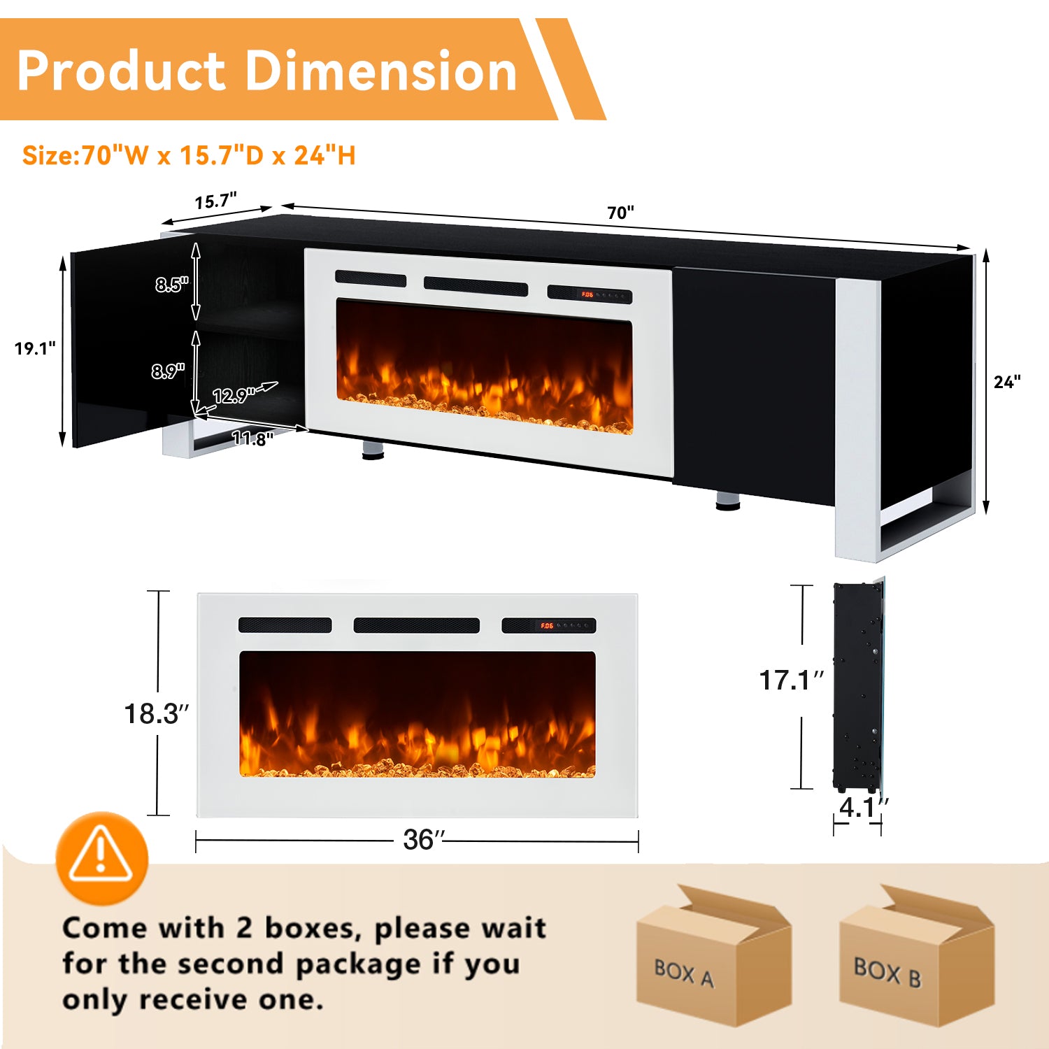 Sunmthink Fireplace TV Stand for TVs up to 80", 70" TV Stand with 36" Electric Fireplace, Entertainment Center with LED Lights, Black & White