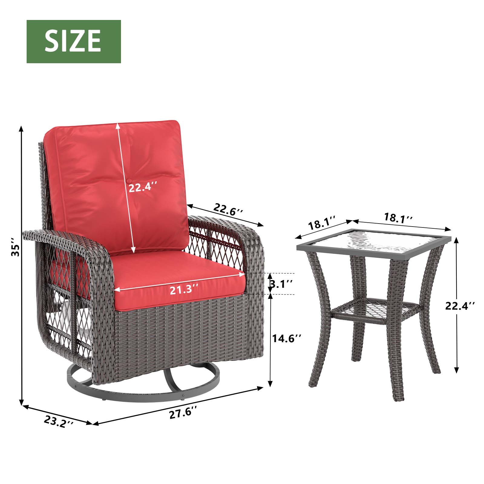 3 Pcs Outdoor Wicker Swivel Rocker Patio Set,360 Degree Swivel Rocking Chairs Elegant Wicker Patio Bistro Set with Premium Cushions and Armored Glass Top Side Table for Backyard -Red