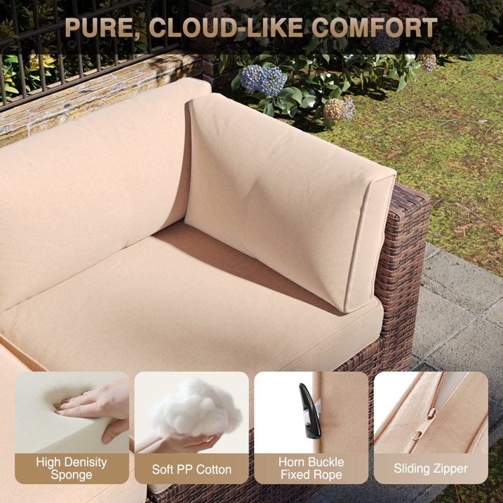 Aoxun 8 Piece Patio Furniture Set with 44” Fire Pit Table Wicker Rattan Outdoor Sectional Sofa Set with Coffee Table and 4” Thickened Cushions, Beige (Waterproof Cover Included)