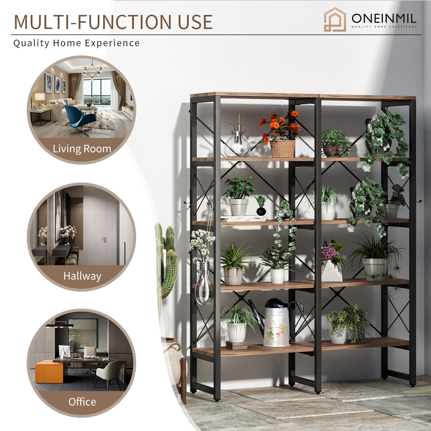 5-Tier Double Wide Bookcase with X-shape Metal Bars and Detachable Boards, Brown