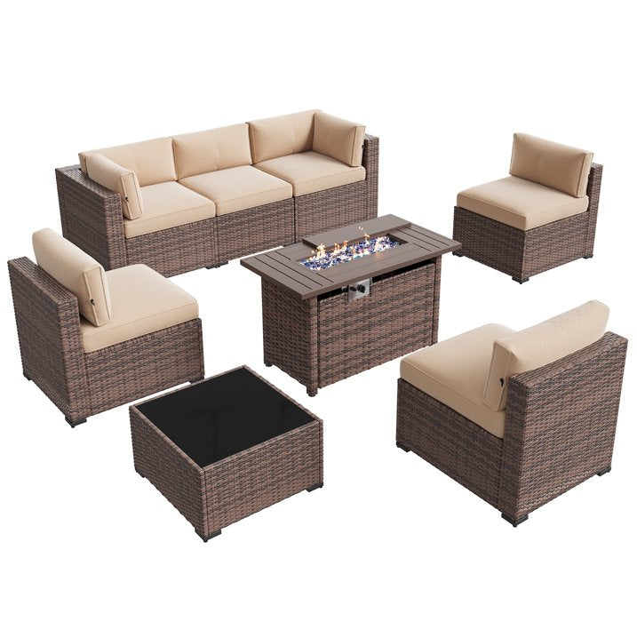 Aoxun 8 Piece Patio Furniture Set with 44” Fire Pit Table Wicker Rattan Outdoor Sectional Sofa Set with Coffee Table and 4” Thickened Cushions, Beige (Waterproof Cover Included)