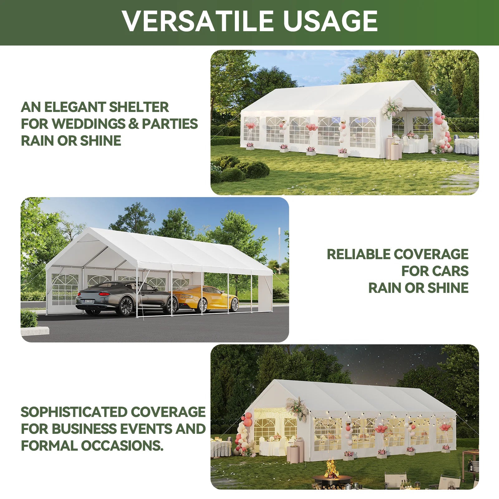 Aoxun Wedding & Event Tent, 32x16 FT White Canopy with Removable Sidewalls, Waterproof Party Tent for Outdoor Gatherings, BBQ, Birthday, Camping