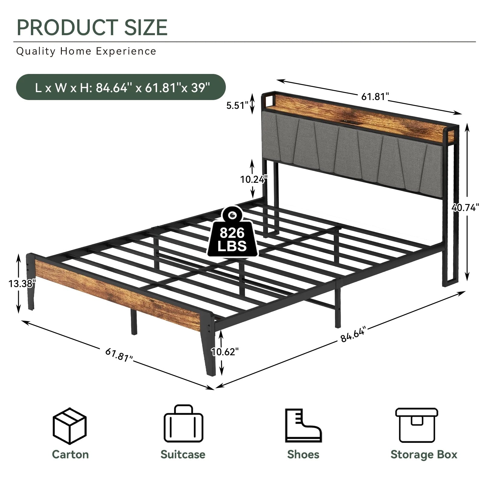 Queen Size Bed Frame Platform with Upholstered Headboard, 2 Charging Station and Outlets & USB, Rustic Brown