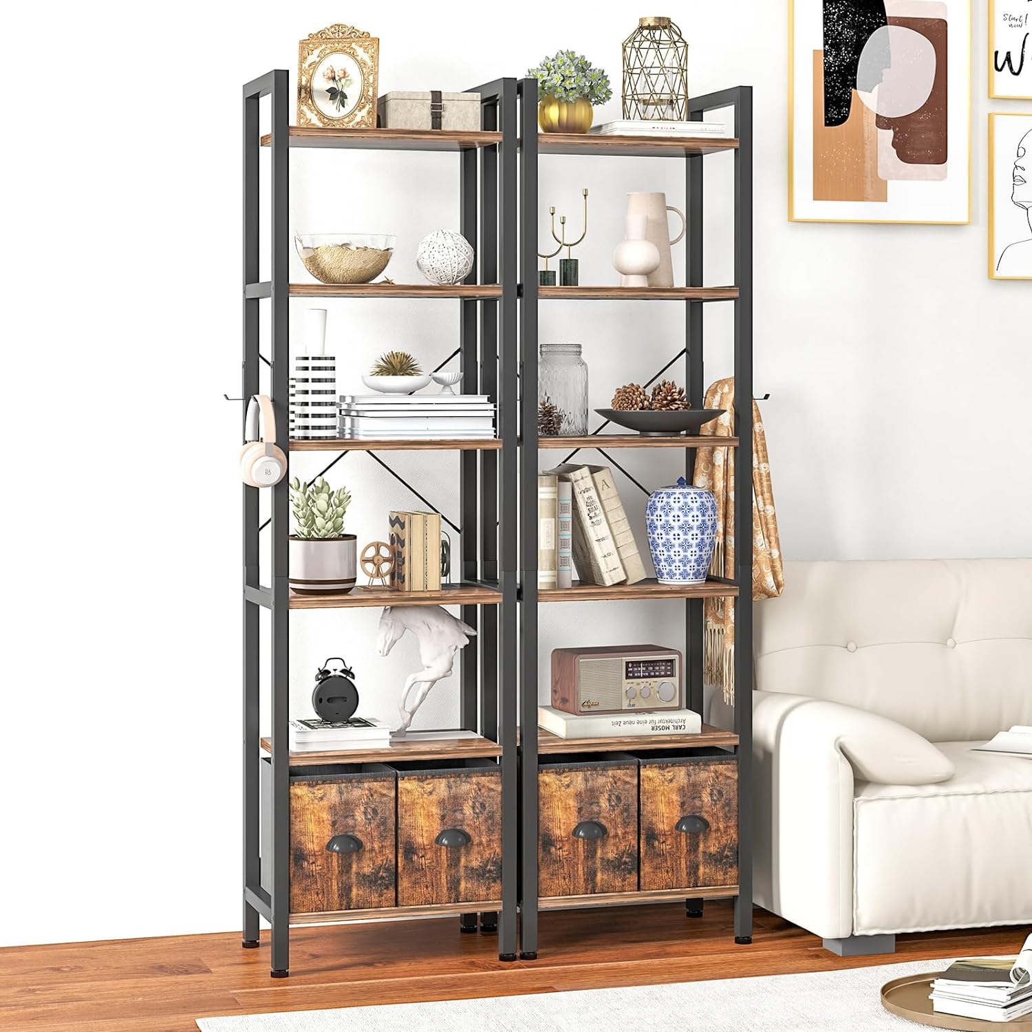 6 Shelf Bookcase with 2 Drawers, 71" Rustic Brown Bookshef for Living Room and Home Office