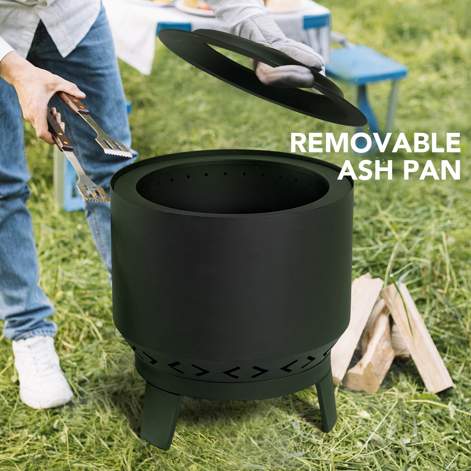 19 in Smokeless Fire Pits, Portable Burning Firepit with Removable Ash Pan& Waterproof Cover for Patio, Camping, Backyard, BBQ