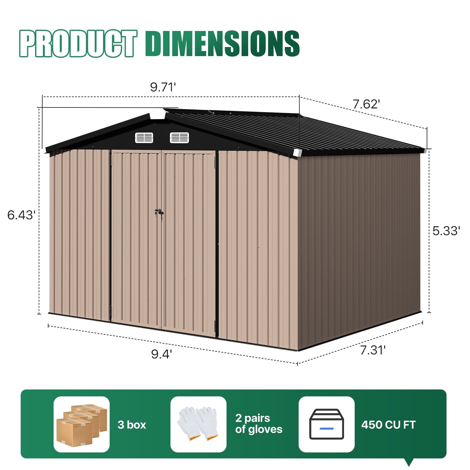 Clouddwell 9.5x7.5ft Galvanized Steel Storage Shed with Floor & Double Doors - Brown