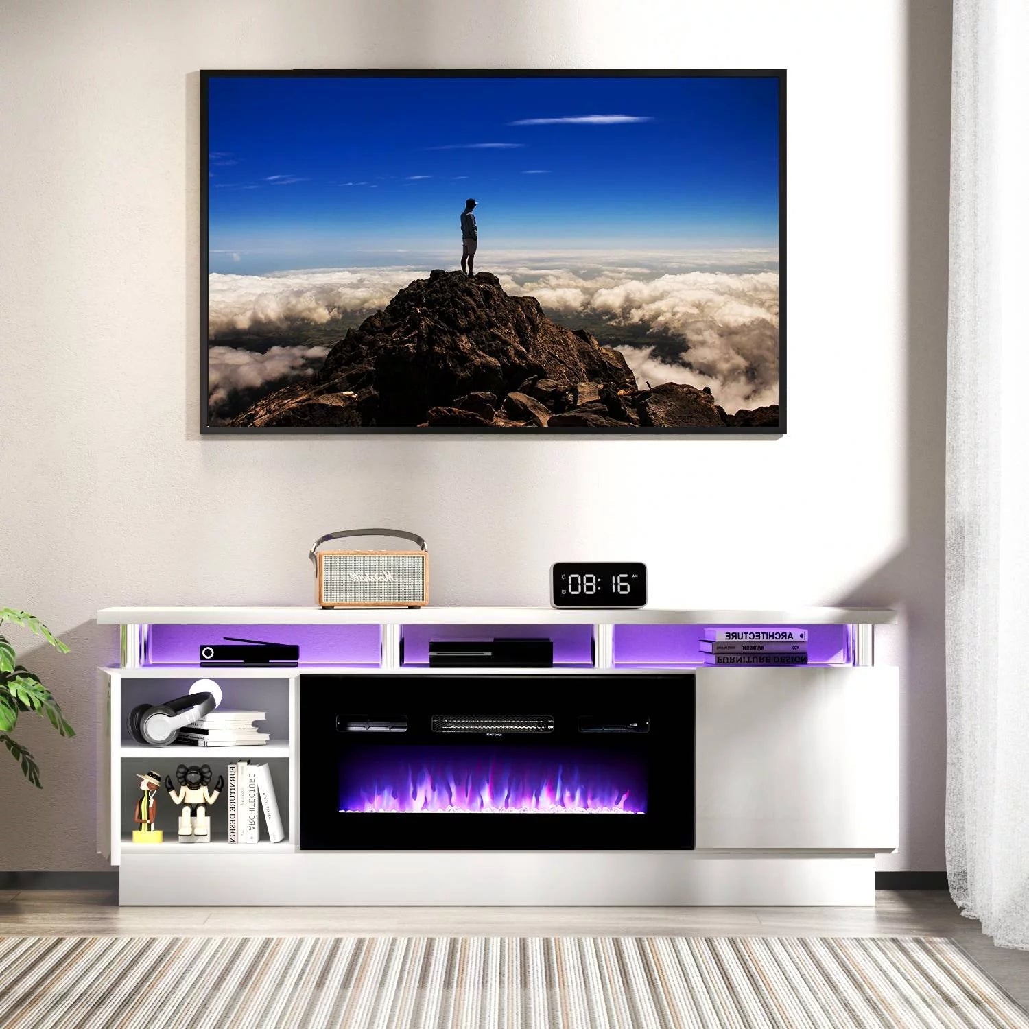 TV Stand with 36" Fireplace and Adjustable Shelves, 12 Led Light Colors, White
