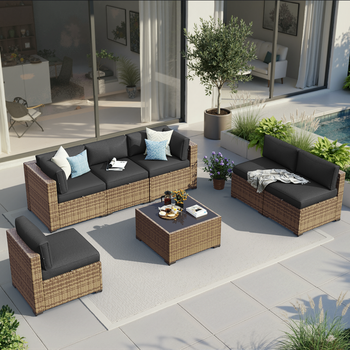 Aoxun 7 Piece Patio Furniture Set Wicker Rattan Patio Conversation Set Outdoor Sectional Sofa Set with Coffee Table and 4” Thickened Cushions, Black(Waterproof Cover Included)