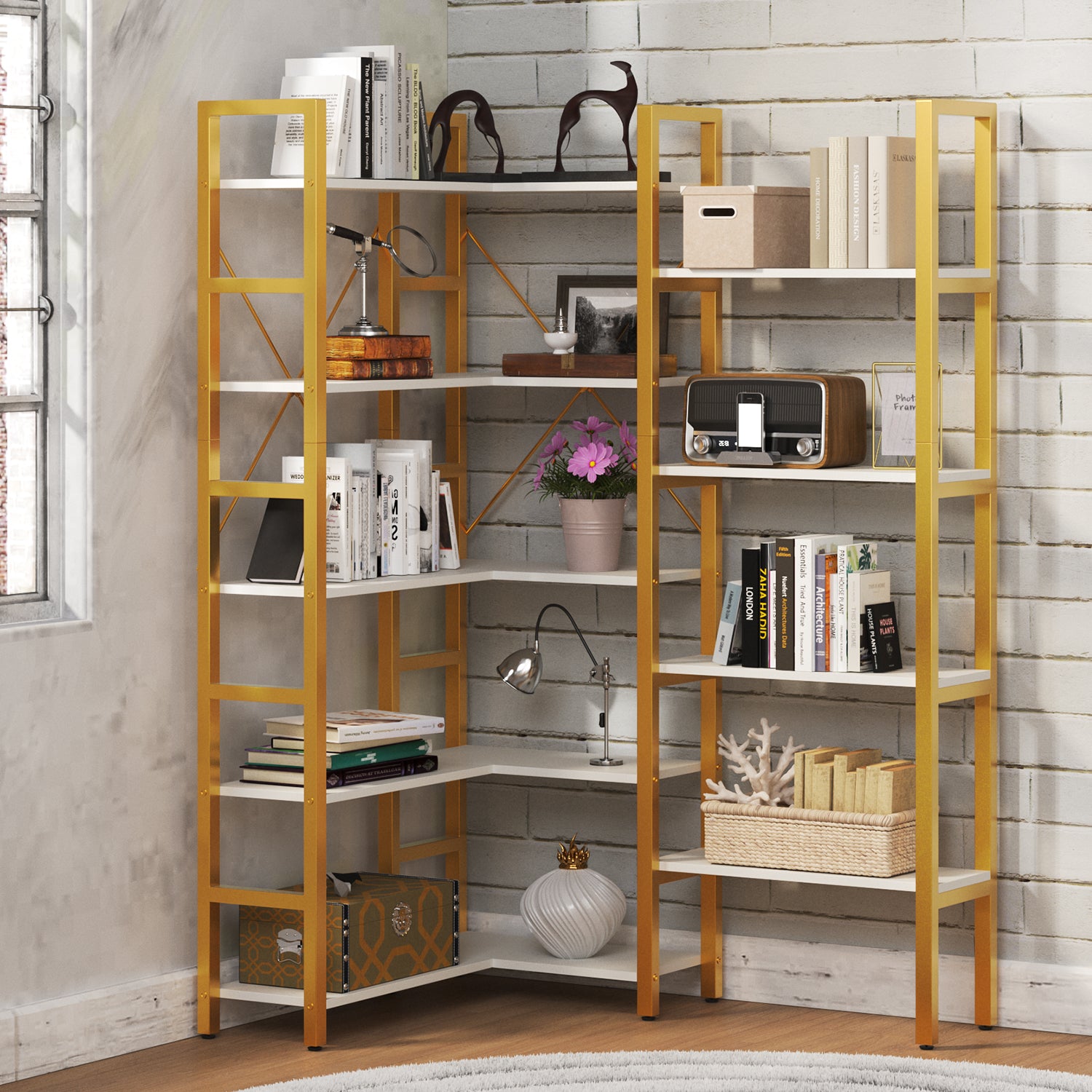 5-tier Bookcase Triple Wide 59" Tall Bookshelf for Home Office, Gold