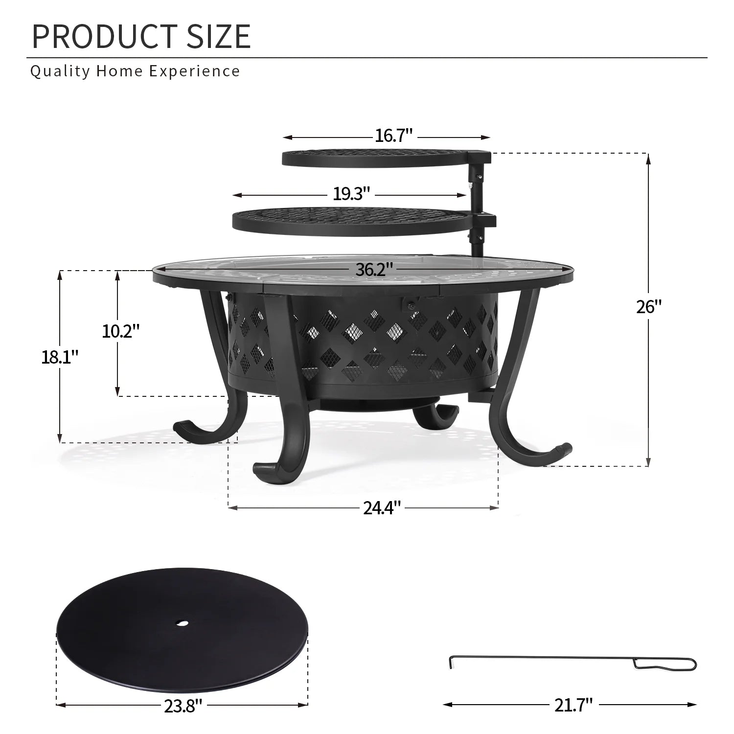 Fire Pit, 36.2 inch Fire Pits for Outside, Metal Round Outdoor Firepit with 2 Grill, Black