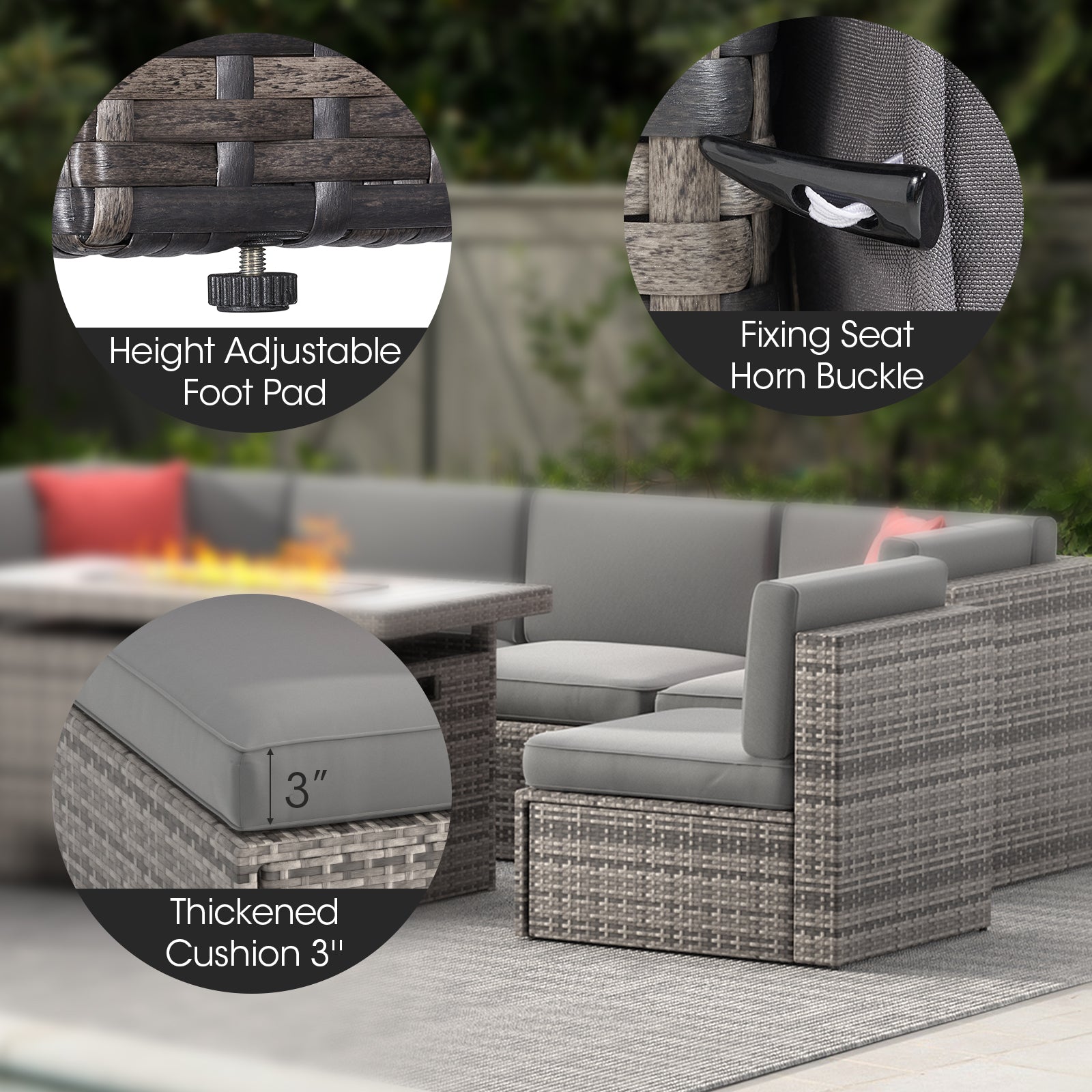 8 Pcs Patio Conversation Sets with Fire Pit Table,Outdoor Funituire Sets Grey