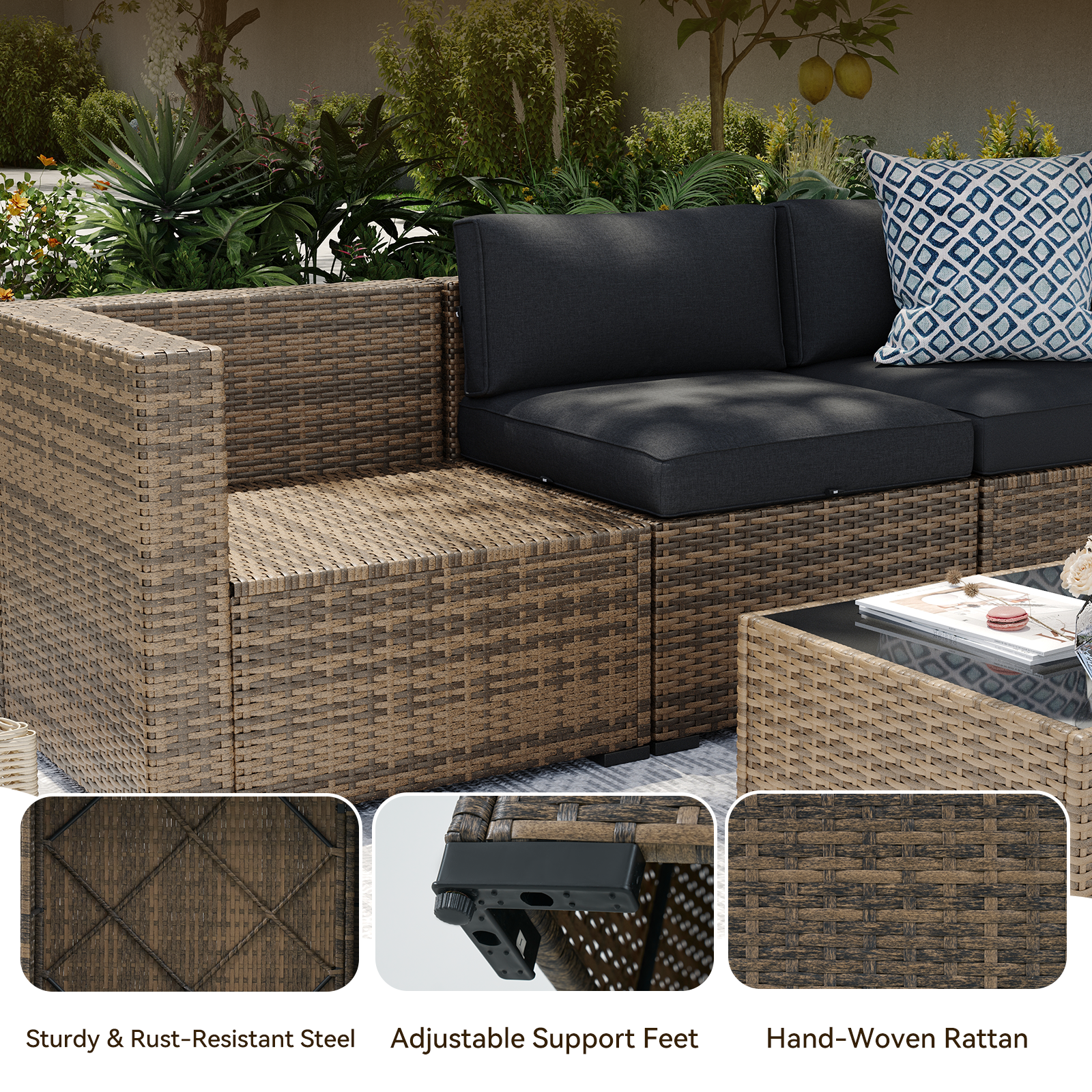 Aoxun Patio Furniture Sets Wicker Outdoor Conversation Set Sectional Sofa for Backyard, Poolside, Garden