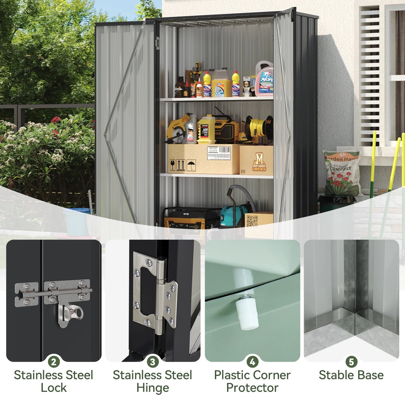 Aoxun 4x1.5 ft. Black Metal Storage Shed with 2 Shelves, Outdoor Waterproof Cabinet