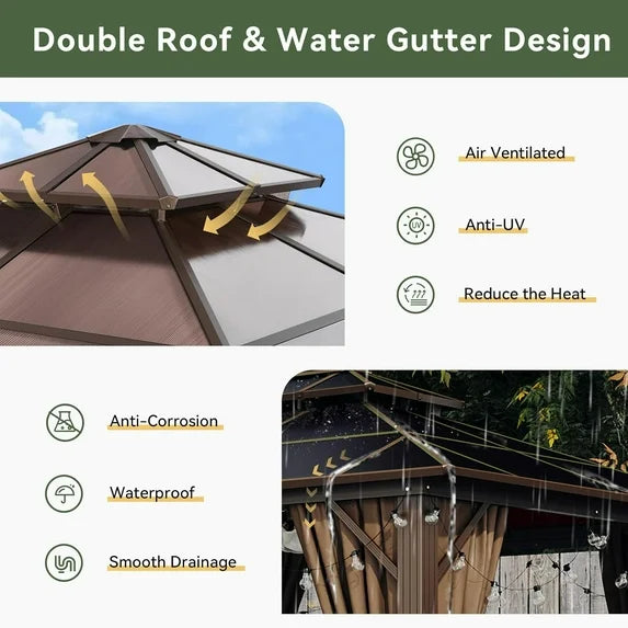 Aoxun 10'x10' Hardtop Gazebo, Outdoor Polycarbonate Double Top Canopy, Aluminum Frame Gazebo with Netting and Curtains