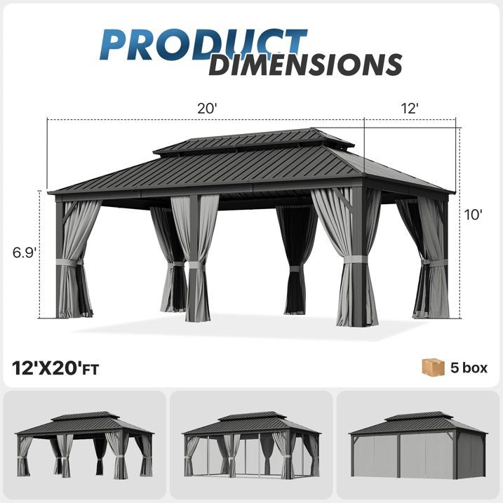 Sumnthink 12'x20' Hardtop Gazebo, Outdoor Steel Double Galvanized Roof Canopy, Aluminum Frame Permanent Pavilion Metal Gazebo with Netting and Curtains, for Patios, Gardens, Lawns
