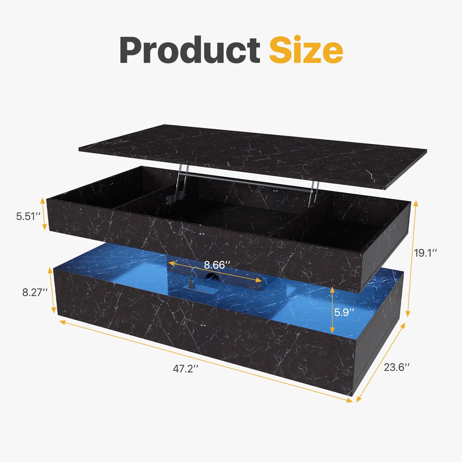 Sonegra 47" High-Glossy LED Lift Top Coffee Table with 2 Sliding Drawers, Large Open Storage Space & Ambient LED Lighting, Modern Double-Layer Livingroom Table, Marble Black