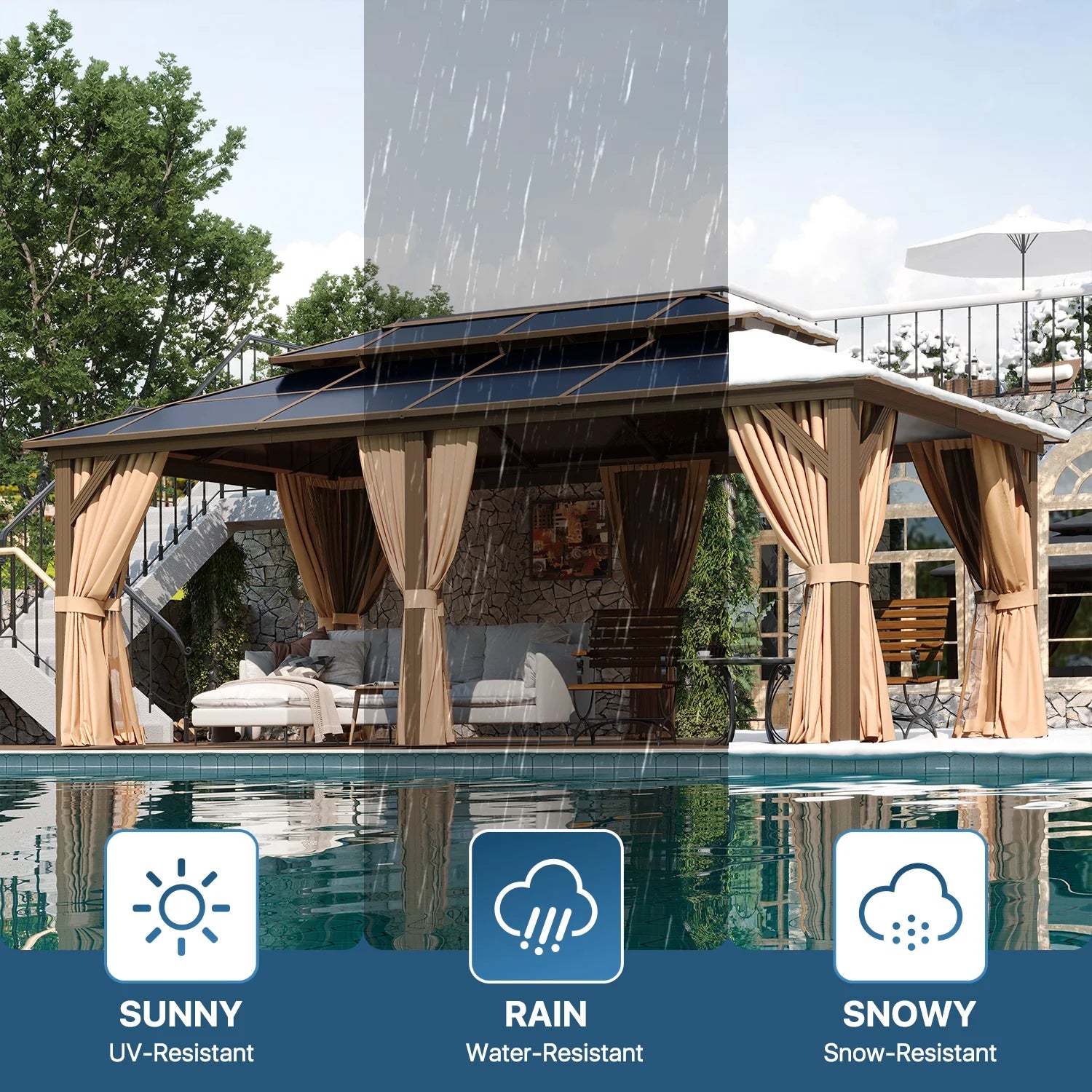 Sunmthink 12'x20' Hardtop Steel Gazebo - Durable Polycarbonate Double-Roof Design with Included Privacy Curtains & Bug Netting - Ideal for Gardens, Patios and Backyards (Brown)