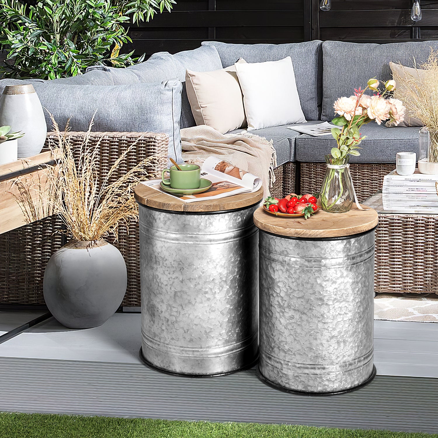 Sunmthink 2 Piece Rustic End Table with Storage, Ottoman Seat with Round Wood Lid, Silver