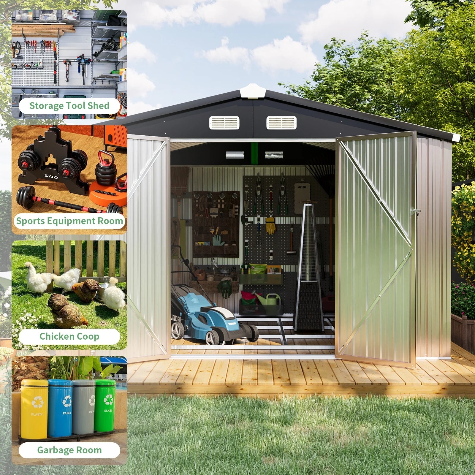 9.7' x 7.6' Outdoor Storage Shed with Base Frame, Metal Garden Shed with Lockable Door for Patio, Backyard(Floor not included)