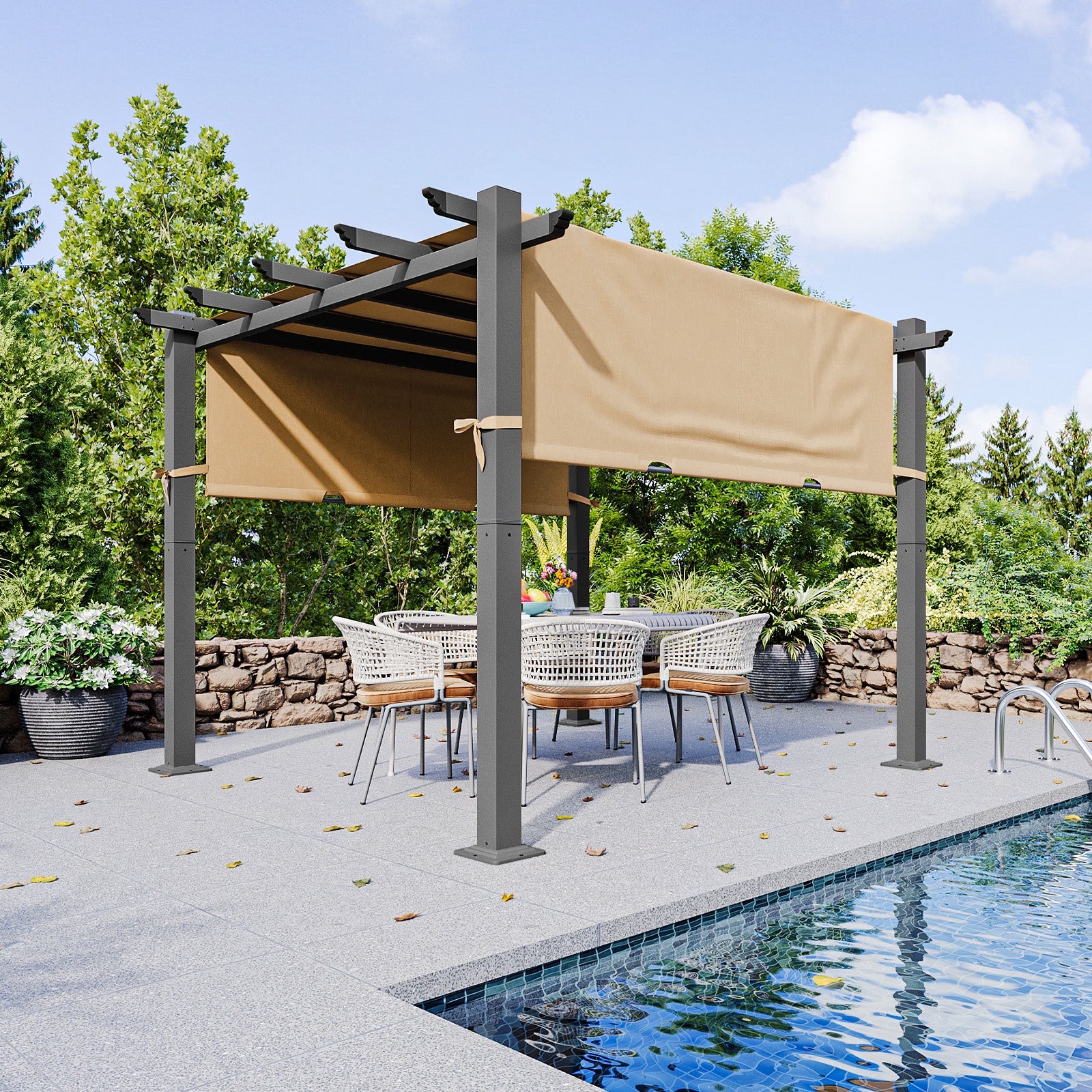 10'x10' Outdoor Retractable Pergola, Heavy-Duty Aluminum Pergola Patio, Modern Pergola with Retractable Sun Shade Canopy for Garden, Decks, and Backyards