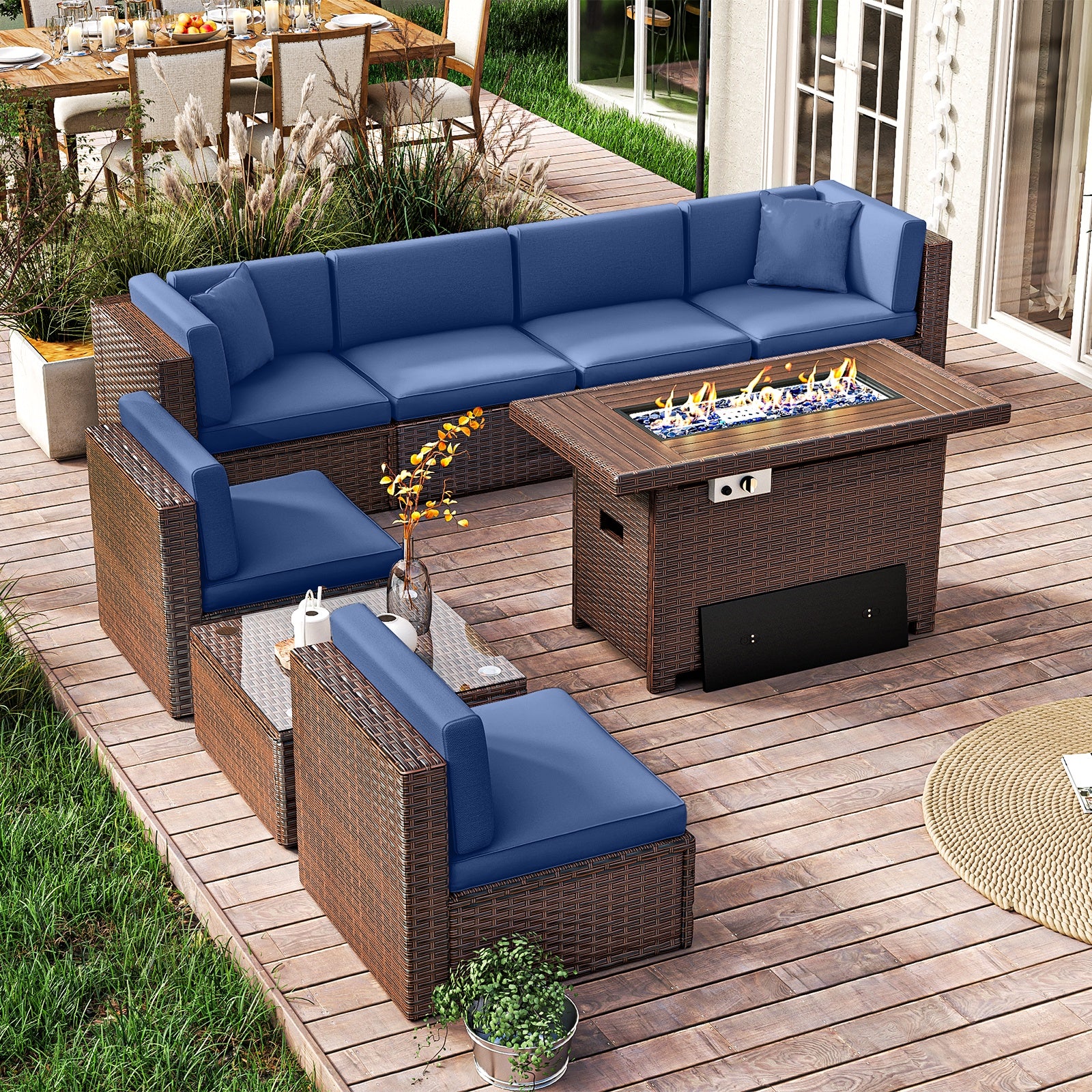 7 Pcs Patio Furniture Sets with Coffee Table, Outdoor Sectional PE Rattan Wicker Conversation Sets for Deck, Garden, Pool, Blue