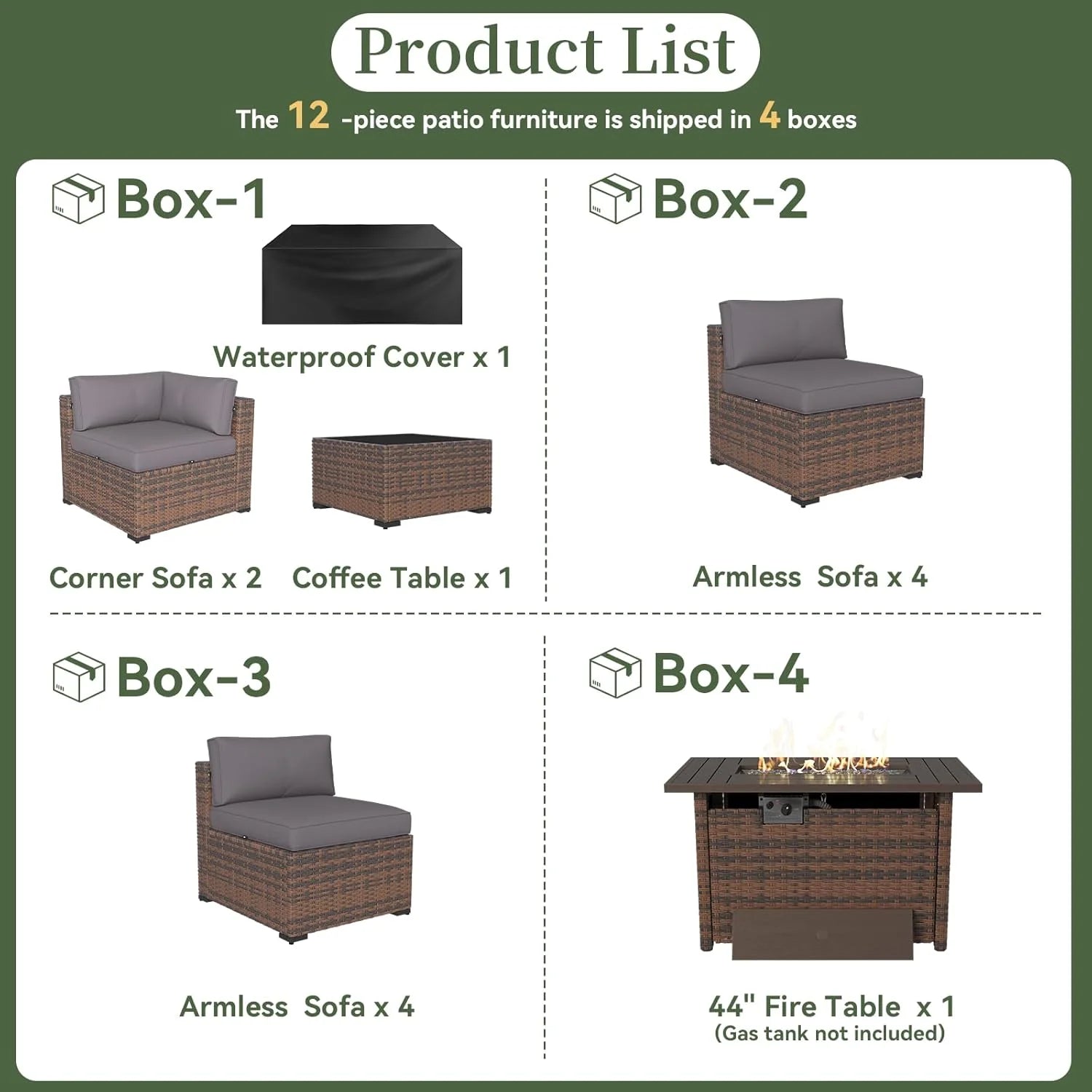 Aoxun 12 Piece Patio Furniture Set with 44” Fire Pit Table Wicker Rattan Outdoor Sectional Sofa Set with Coffee Table and 4” Thickened Cushions, Gray (Waterproof Cover Included)