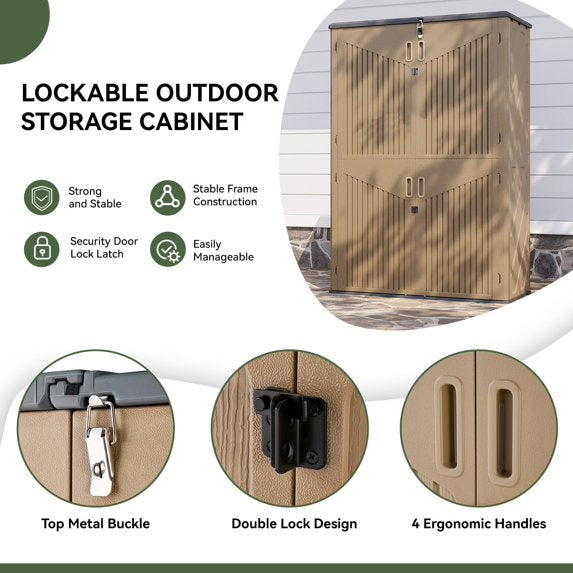 Aoxun Outdoor Resin Storage Shed with Metal Shelving Kit & Floor, 64 Cu.Ft Vertical Waterproof Storage Cabinet for Garage Storage, Pool Storage, Bike Shed, Garden Tools, Patio Furniture (Brown)