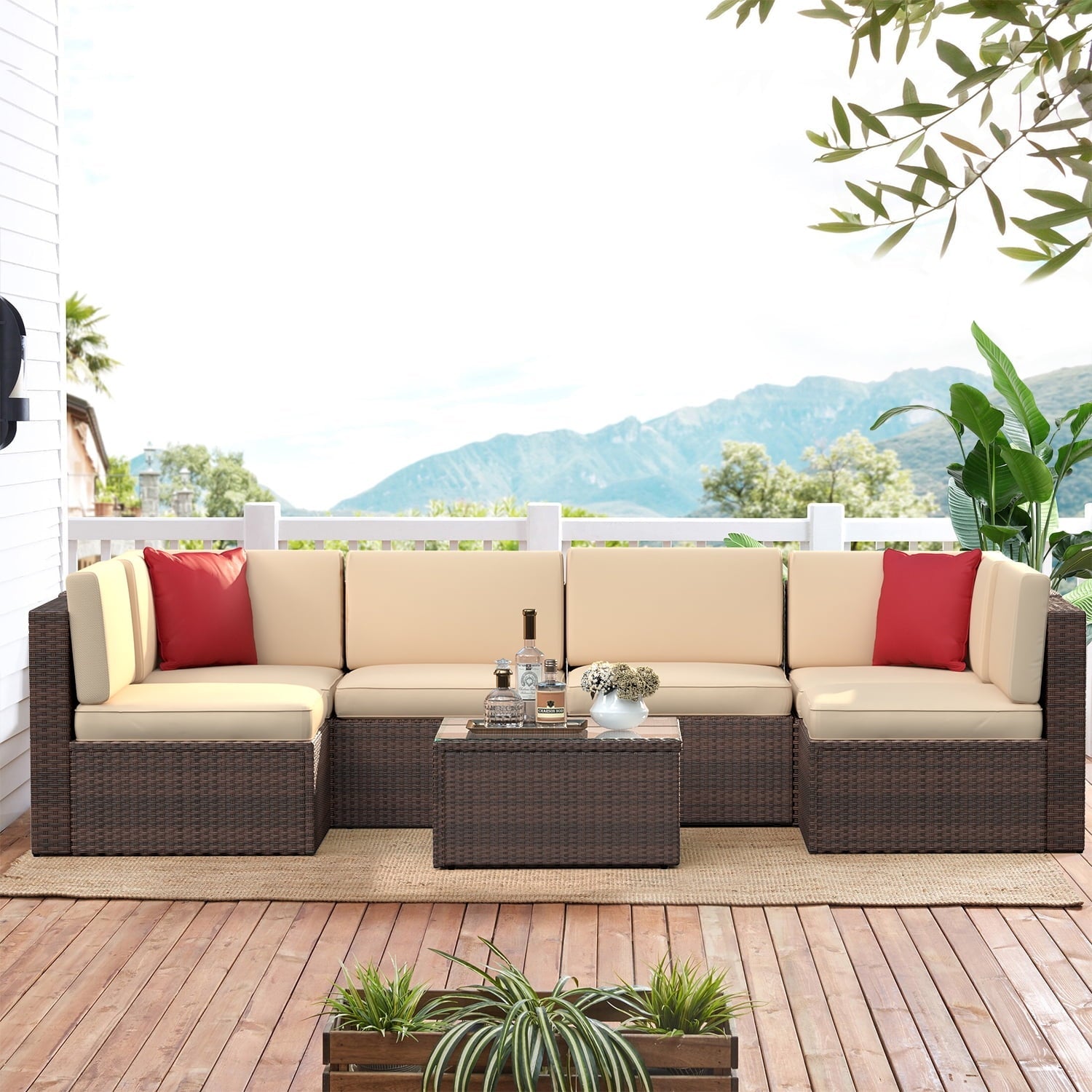 7 Piece Outdoor Patio Conversation Set Outdoor Furniture Sectional Wicker Sofa Set with Beige Cushions