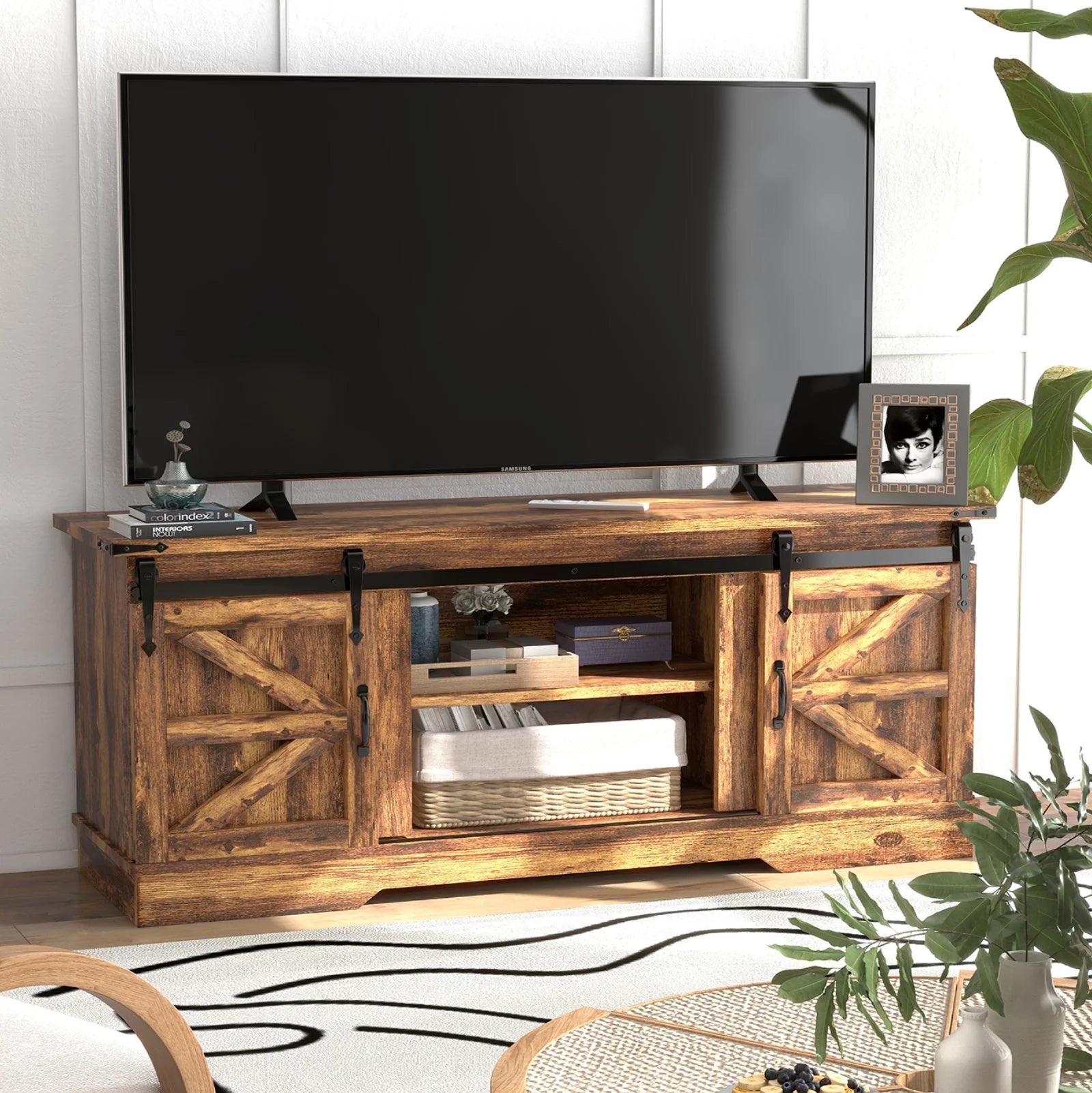 Farmhouse TV Stand for TVs up to 65", Brown, With Sliding Barn Door