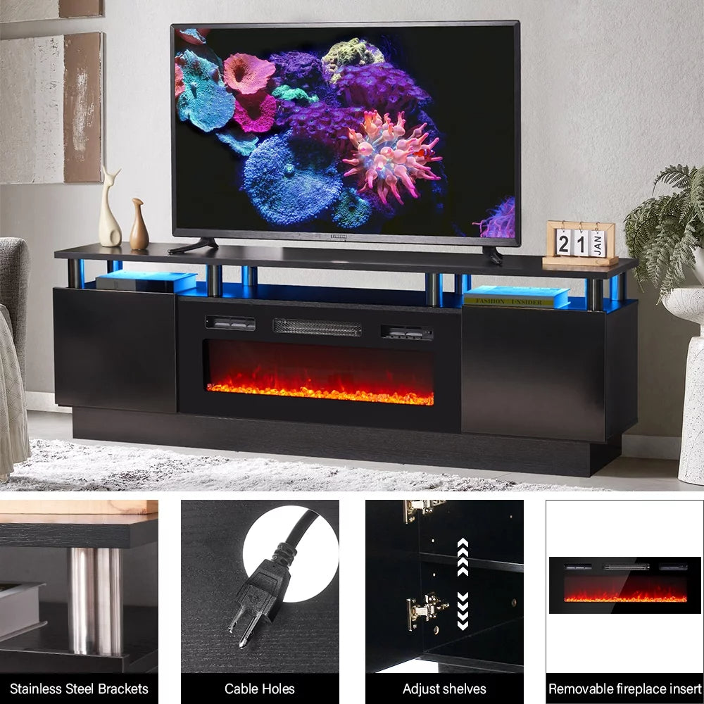 Fireplace TV Stand with LED Light, for TVs up to 80", Black