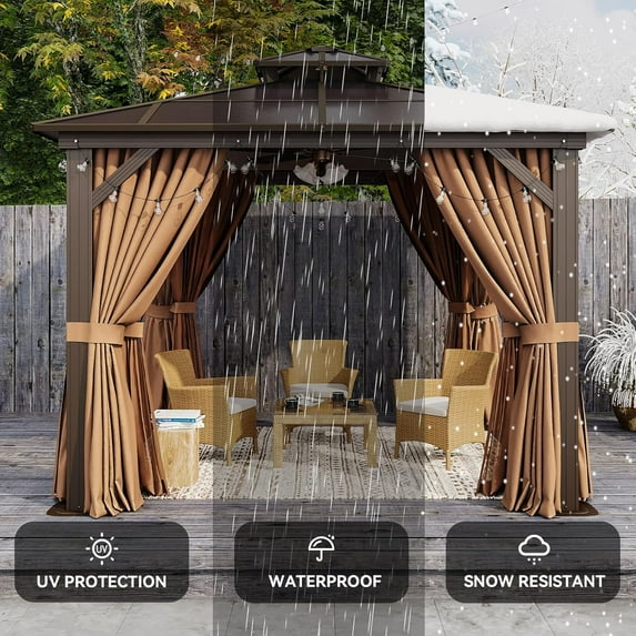 Aoxun 10'x10' Hardtop Gazebo, Outdoor Polycarbonate Double Top Canopy, Aluminum Frame Gazebo with Netting and Curtains