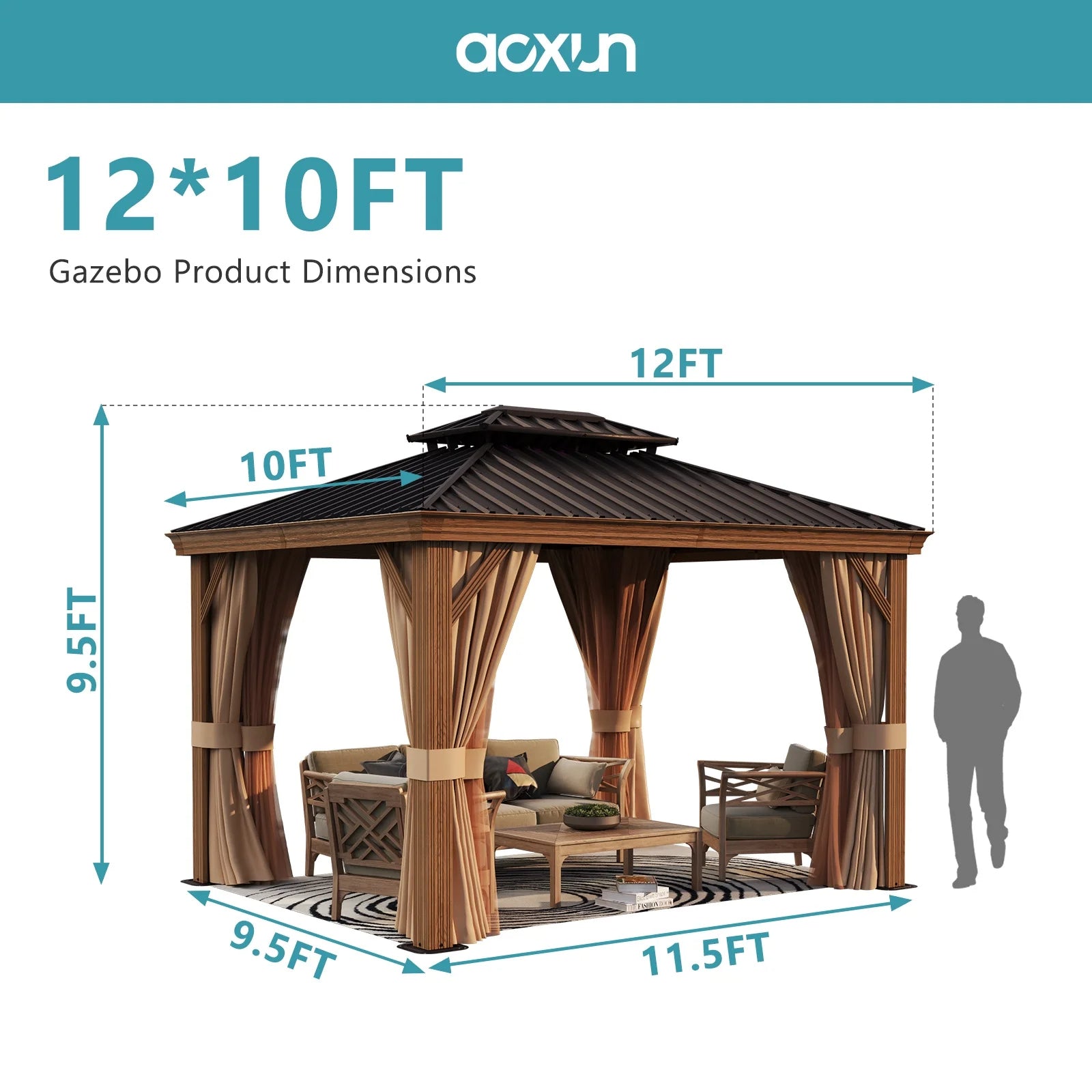 10x12FT Patio Hardtop Gazebo, Aluminum Frame Double Roof Pavilion with Netting and Curtains for Garden, Patio, Lawns