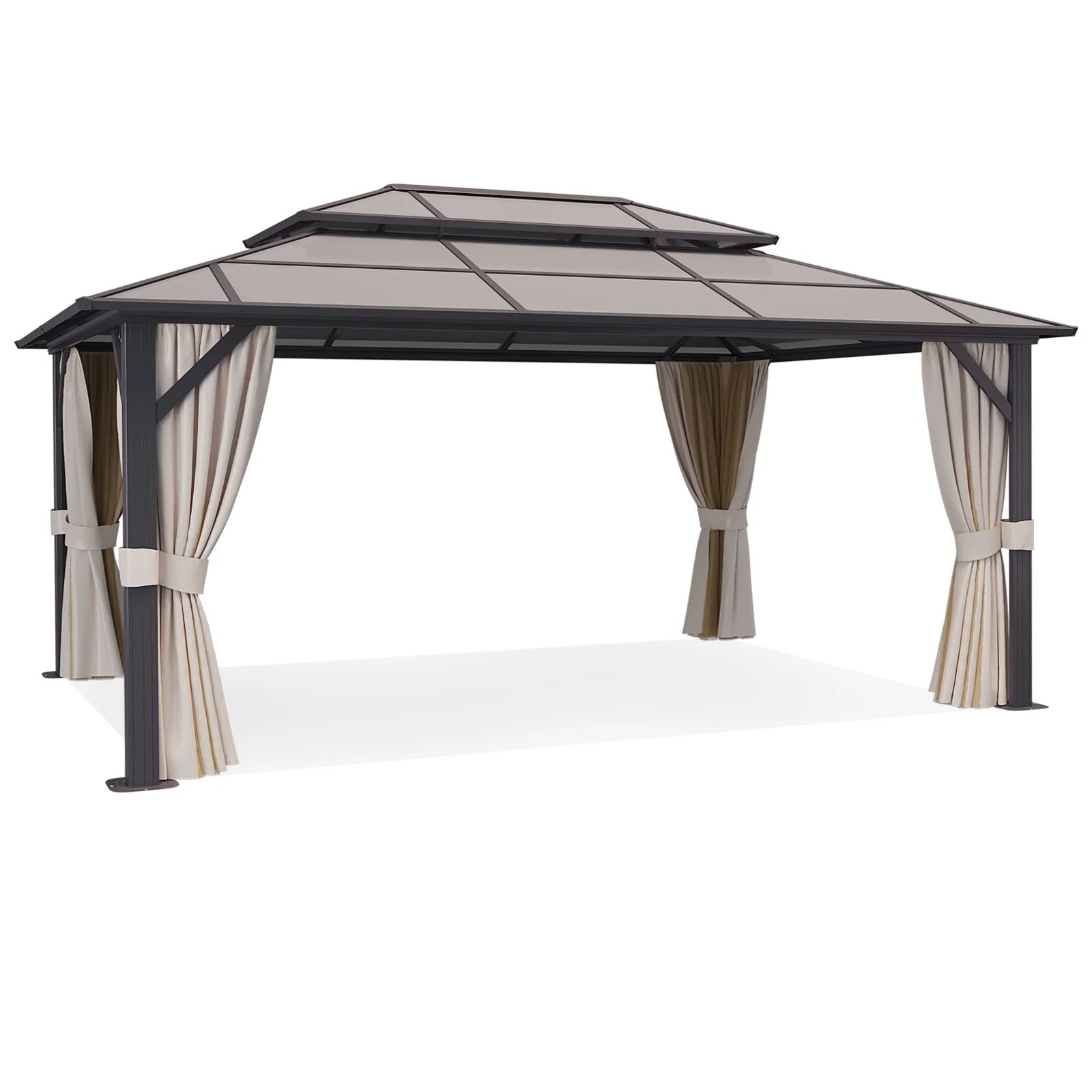 12 x16FT Outdoor Hardtop Gazebo, Polycarbonate Double Roof Gazebo Aluminium Frame Canopy with Netting and Curtains for Patio, Lawns and Backyard