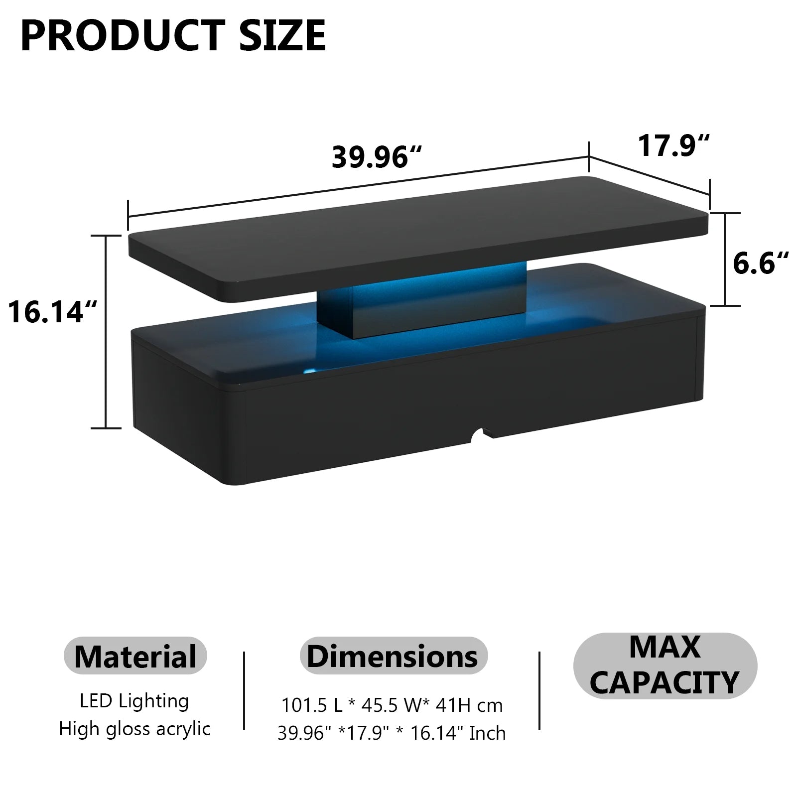 Modern Stylish Coffee Table with 16 Colors LED Lights, Double-Layer Design for Living Room, Black High Gloss Acrylic