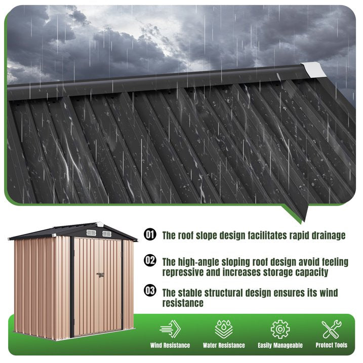 Aoxun 6'x4' Outdoor Metal Storage Shed with Lockable Door- Ideal for Tools, Garden Equipment & Bikes, Perfect for Patio Placement(Base Included/Brown)