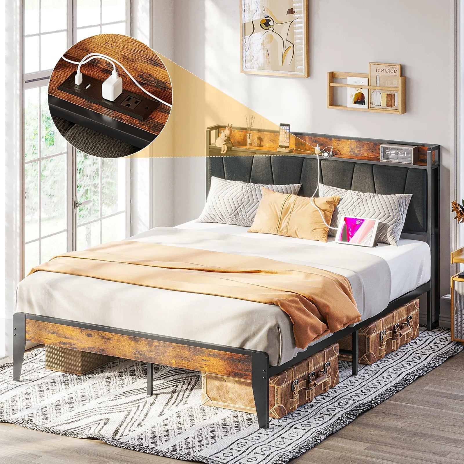 Queen Size Bed Frame Platform with Upholstered Headboard, 2 Charging Station and Outlets & USB, Rustic Brown