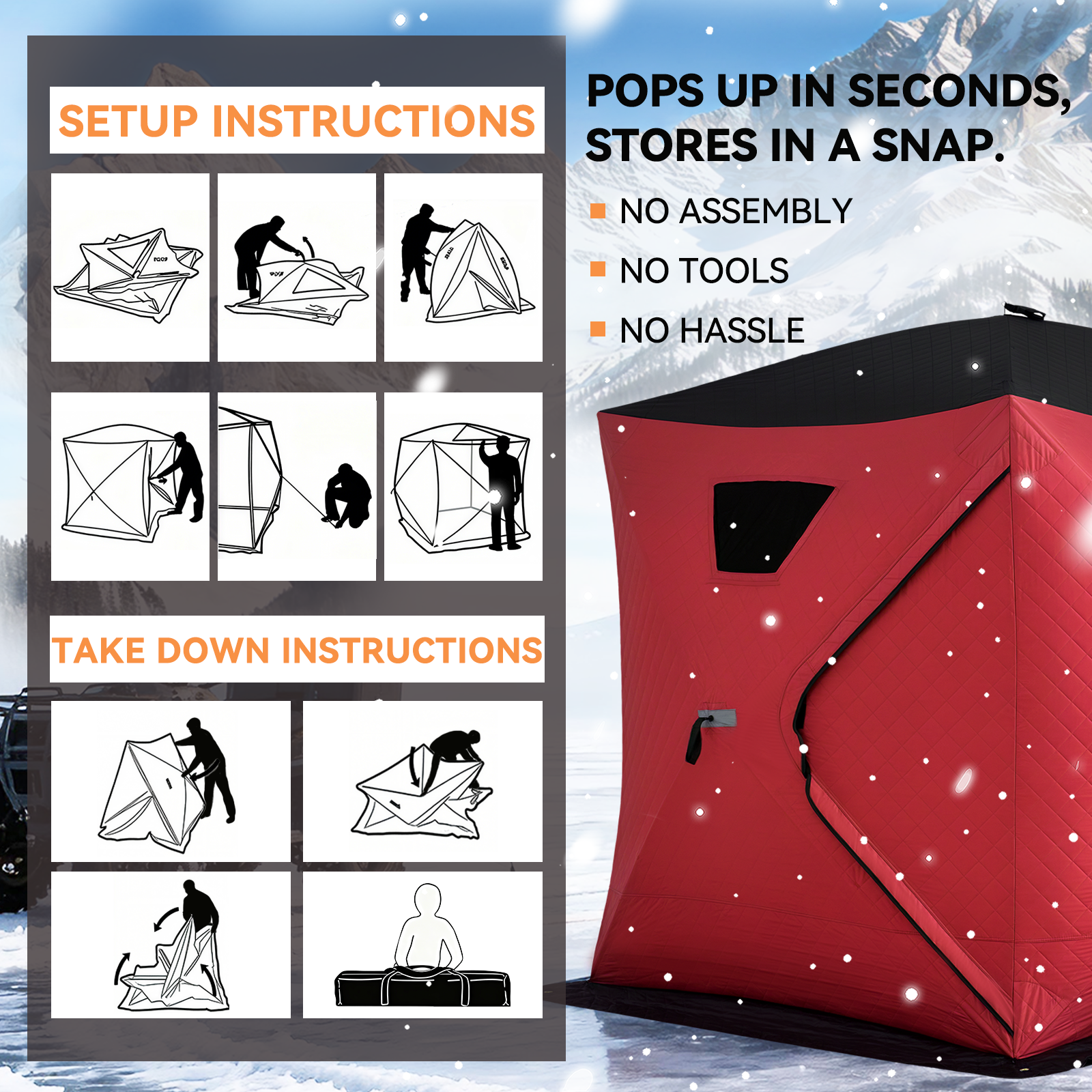 Aoxun Ice Fishing Tent Pop Up Instant Setup 3-4 Person Portable Shanty Hub Waterproof Insulated Shelter for Winter Fishing & Camping