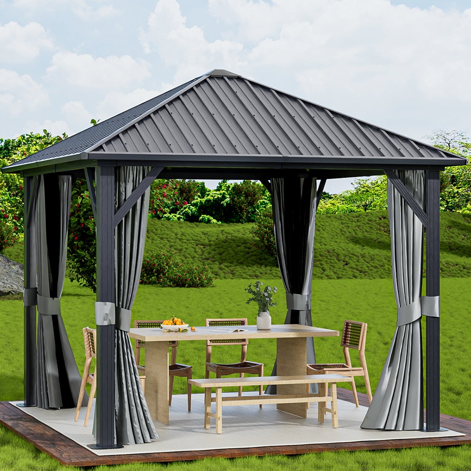 10x10 Outdoor Hardtop Gazebo, Aluminum Frame Gazebo with Removable Mesh Walls and Curtains for Patio, Lawns, Gray