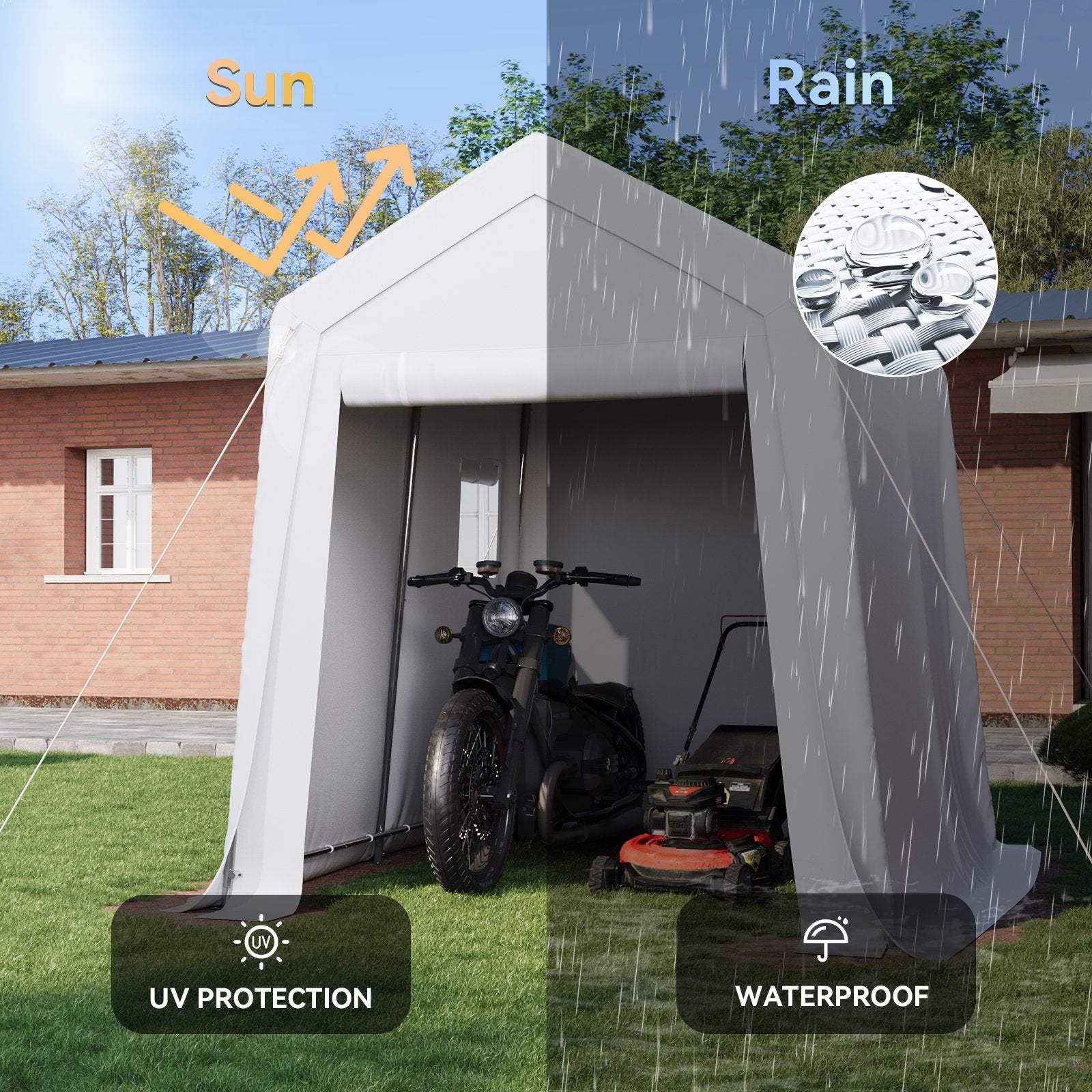 Aoxun 6x8 FT Portable Carport Shed, Waterproof Outdoor Storage Tent with Zipper Door for Garden Tools, Bicycle, Motorcycle, Generator Cover, White