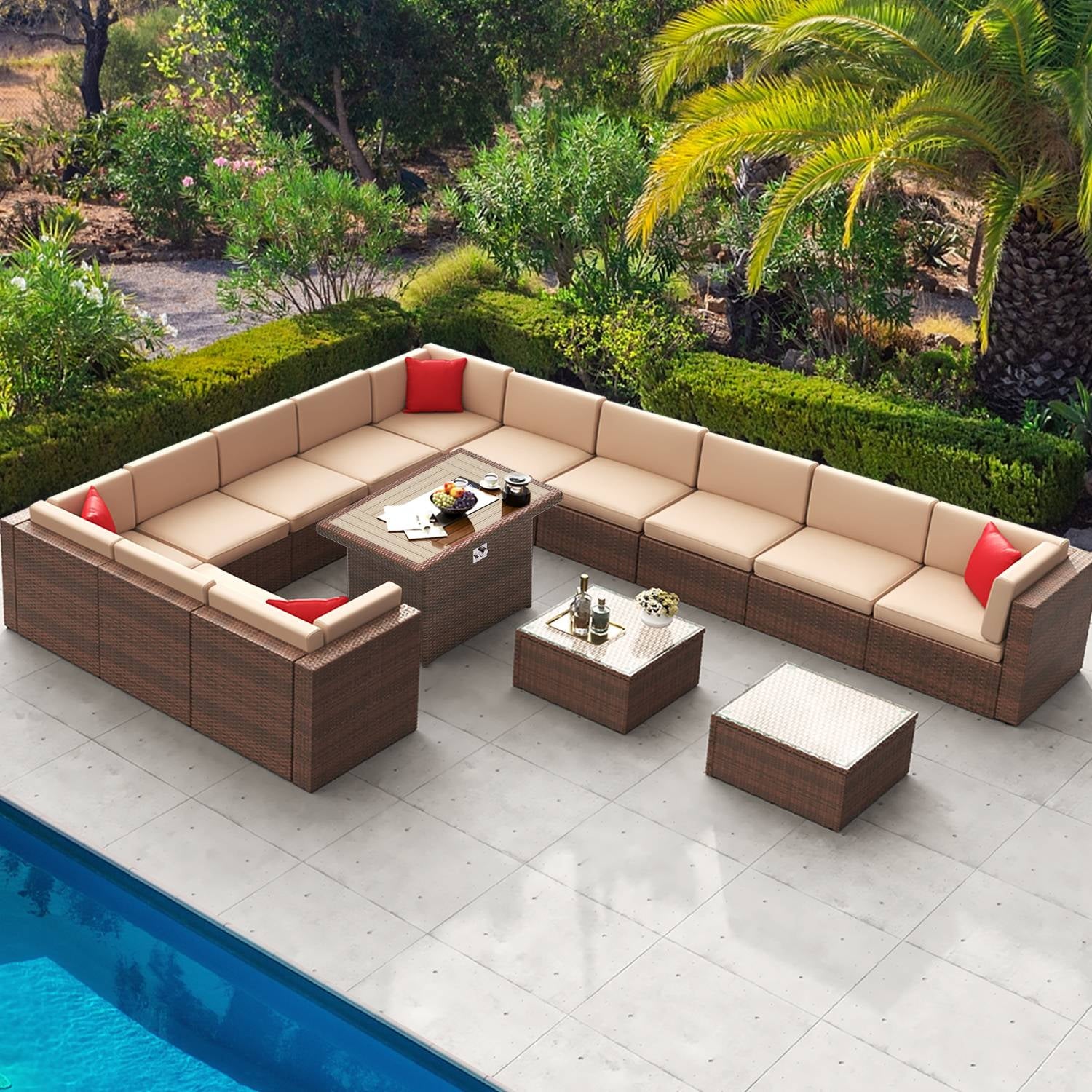 15 Pcs Patio Furniture Sets with 50000 BTU Fire Pit Table, Patio Sectional for Garden, Brown