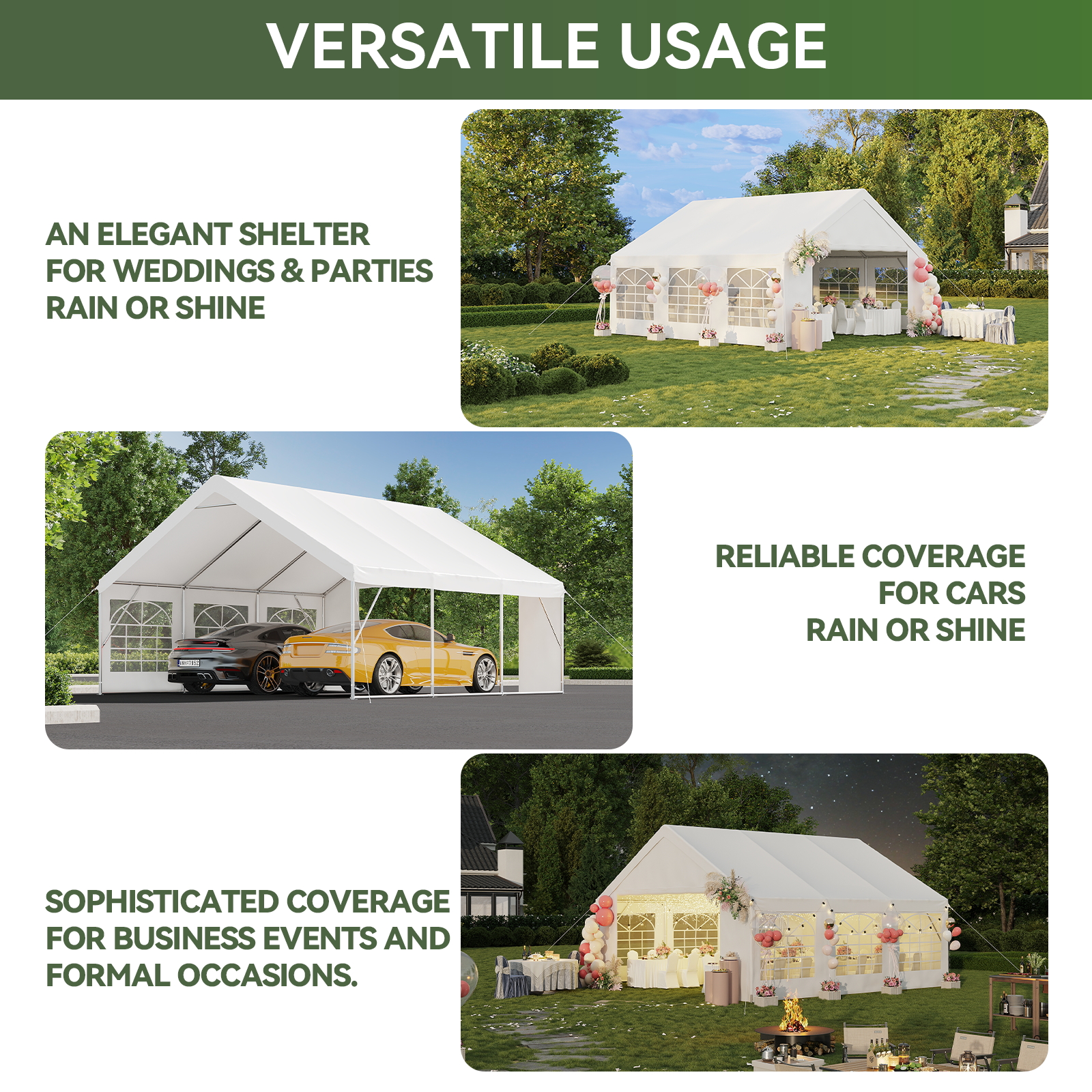 Aoxun Wedding & Event Tent, 20x20 FT White Canopy with Removable Sidewalls, Waterproof Party Tent for Outdoor Gatherings, BBQ, Birthday, Camping