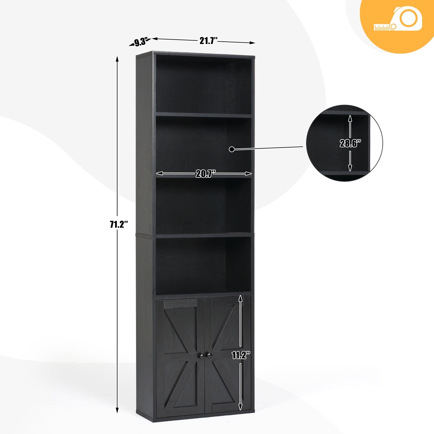 6 Shelf Bookcase with Cabinet Doors, 71in Tall Wooden Bookshelf for Living Room and Home Office, Black