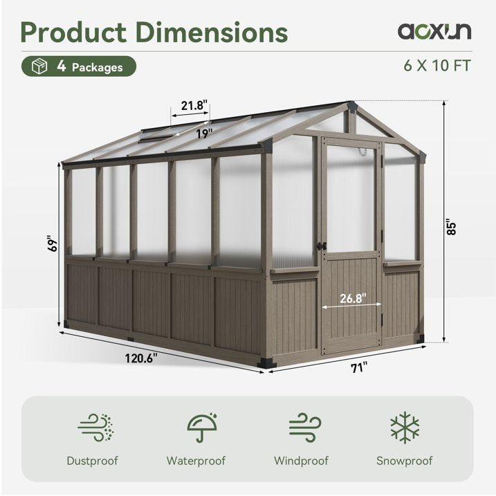 AOXUN 6' x 10' Outdoor Cedar Wood Greenhouse, Walk-in Greenhouse with Adjustable Roof Vent and Lockable Door