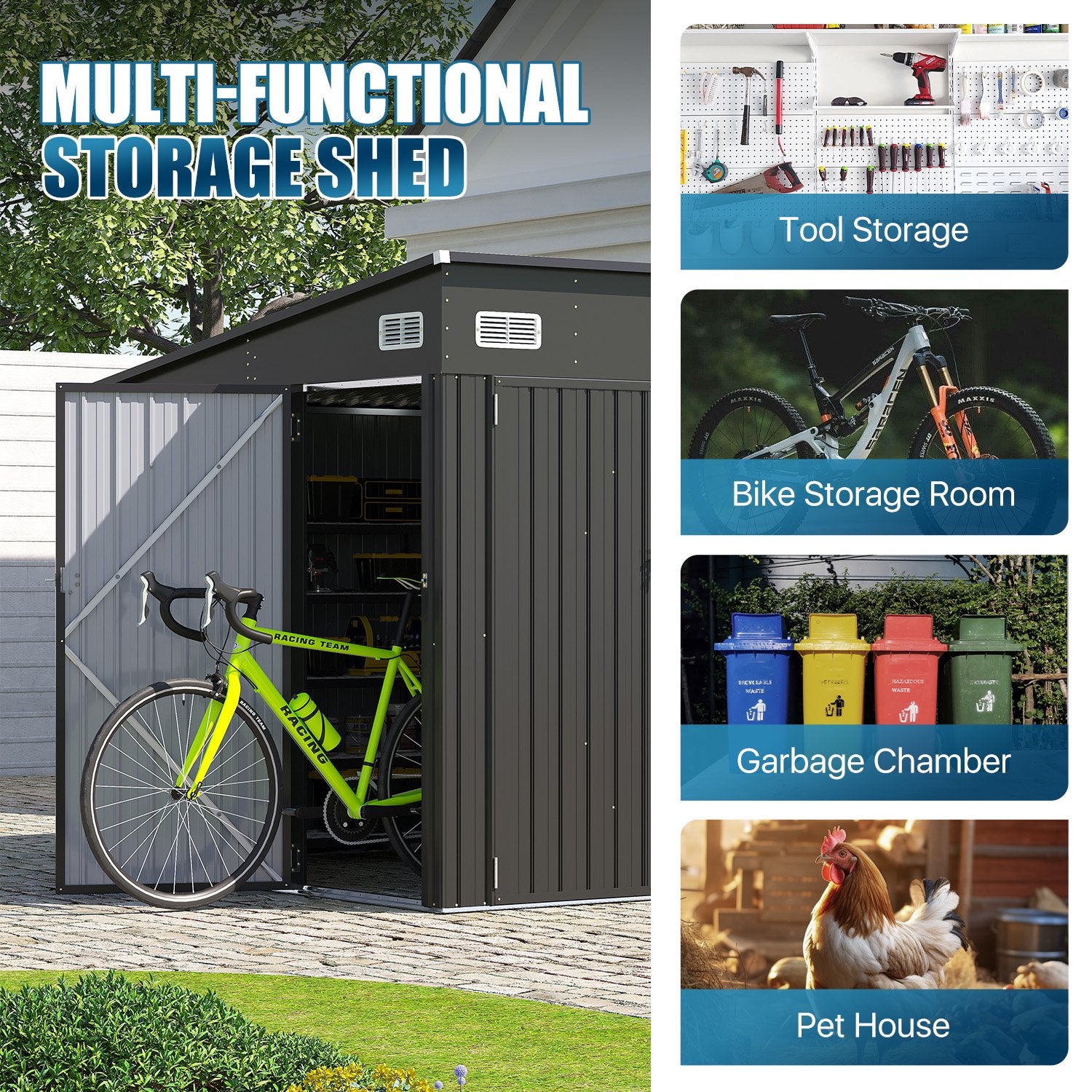 10' x 8' Metal Storage Shed with Triple Doors, Lockable Lean-to Design & Vents, Black