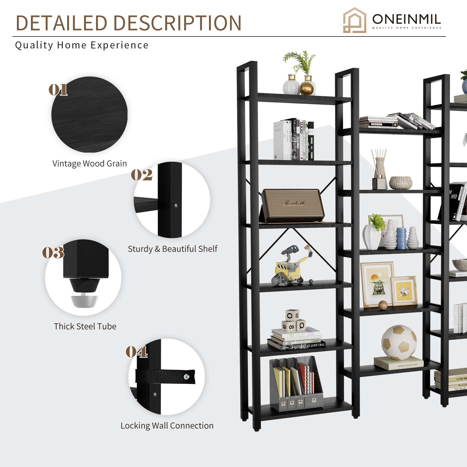 6 Tiers Triple Wide Corner Bookcase with 17 High Quality Solid Open Shelves, Black